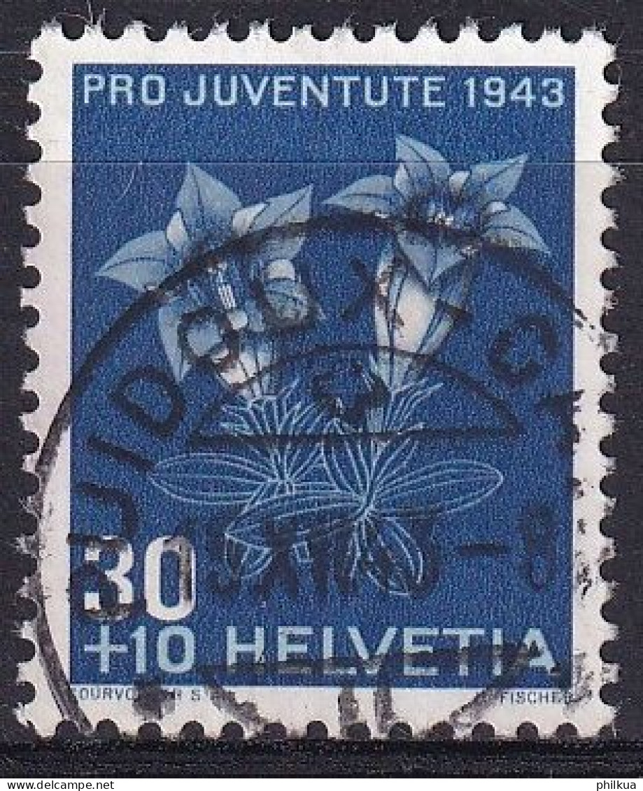 1943, 1. Dez. Pro Juventute Alpenblumen Stengelloser Enzian (Gentiana Clusii) 108 / MiNr. 427 Mit Sauber Gestempelt - Usati