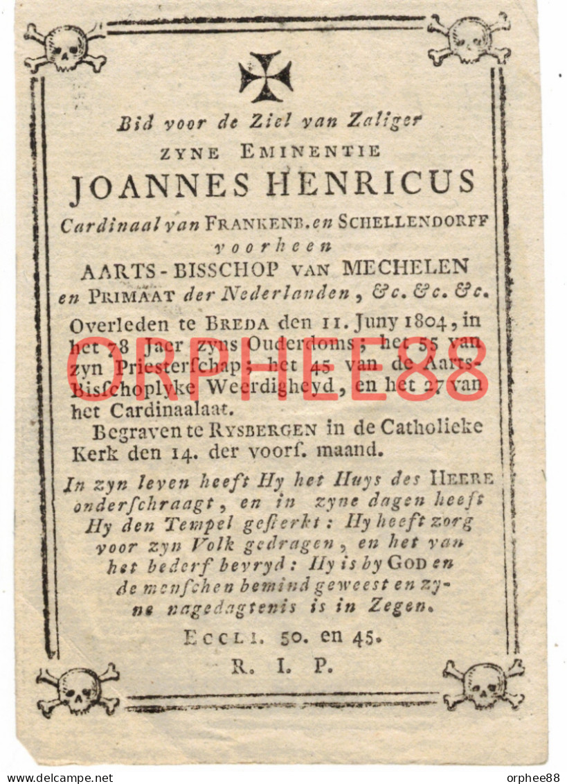 Van Frankenberg Cardinaal Joannes  Priester Primaat Der Nederlanden Mechelen Breda 1726-1804  Gravure Anversoise - Obituary Notices