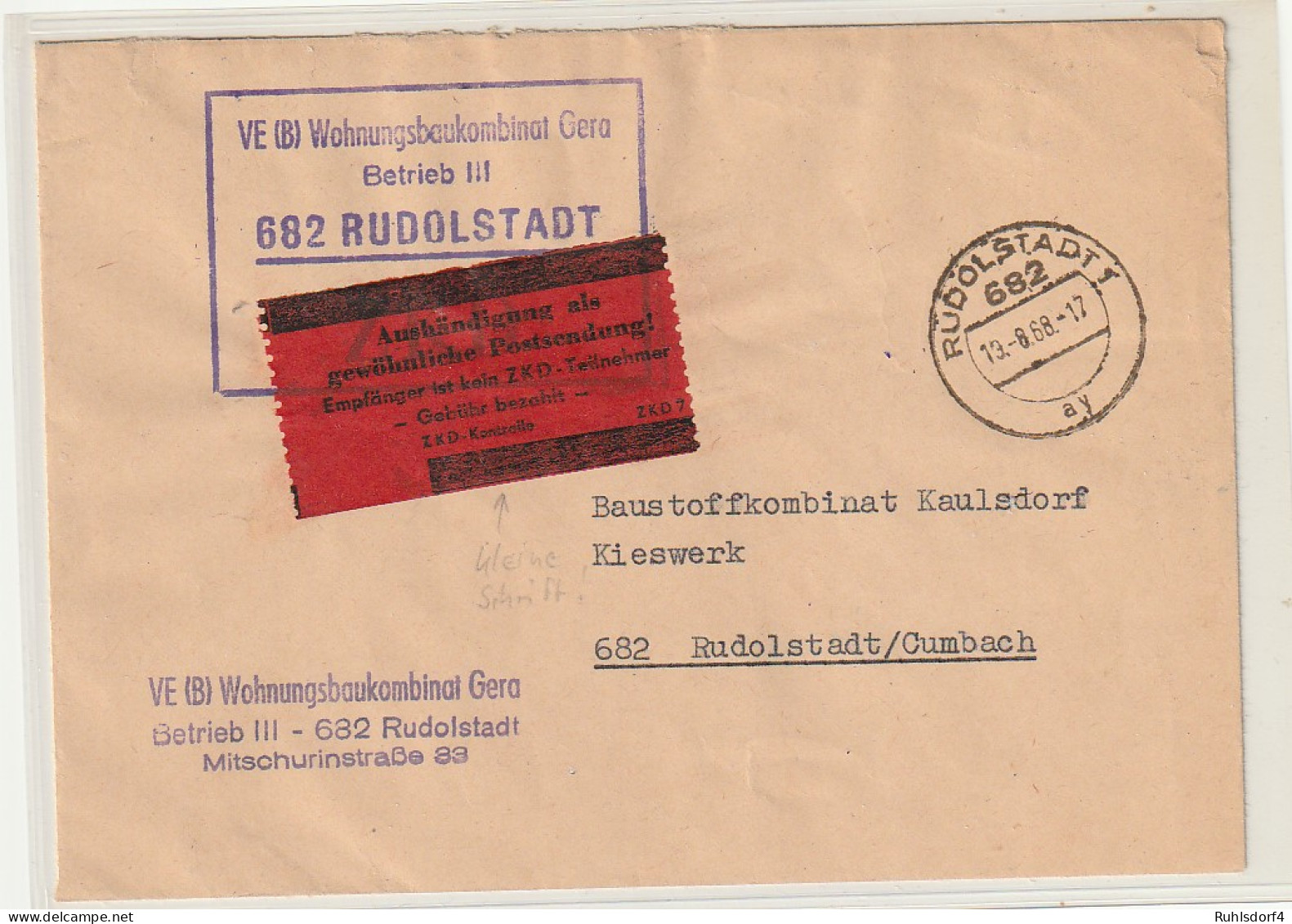 ZKD-Brief Mit Rotem Aufkleber (kleine Schrift!) "Aushändigung... - Other & Unclassified