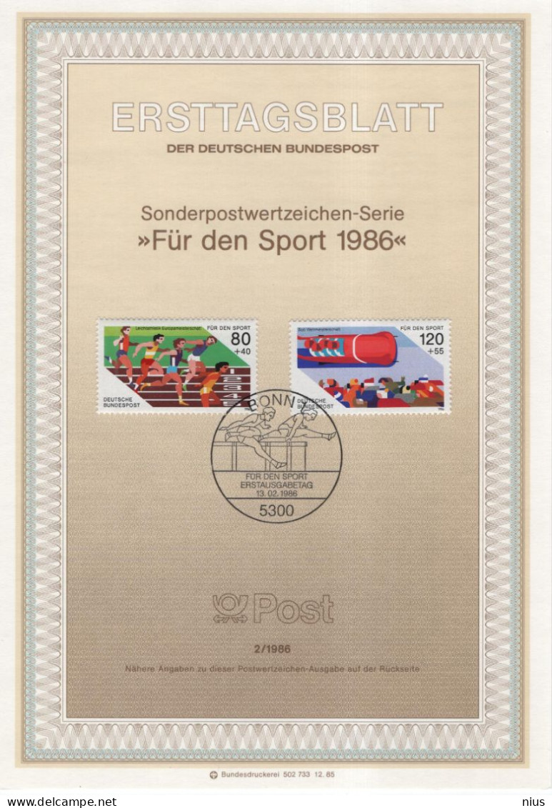 Germany Deutschland 1986-2 Fur Den Sport, Bob, Bobsleigh, Leichtathletik Athletics Runnig, Canceled In Bonn - 1981-1990