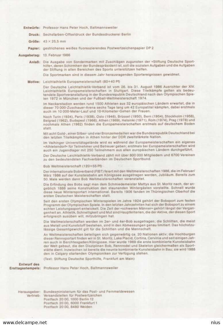 Germany Deutschland 1986-2 Fur Den Sport, Bob, Bobsleigh, Leichtathletik Athletics Runnig, Canceled In Bonn - 1981-1990