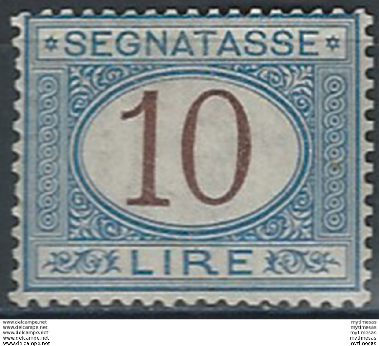 1874 Italia Segnatasse Lire 10 Azzurro Bruno Bc MNH Sassone N. 14 - Autres & Non Classés