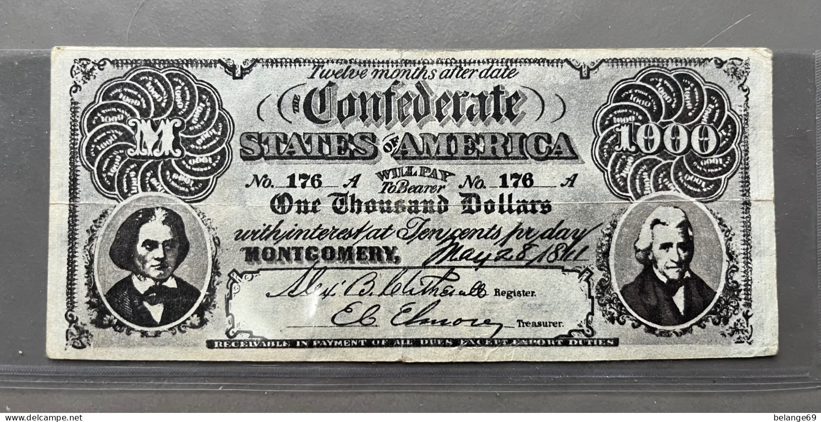 Billet Des États Confédérés D'Amérique De 1000 $ - Mai 1861 - Andere & Zonder Classificatie