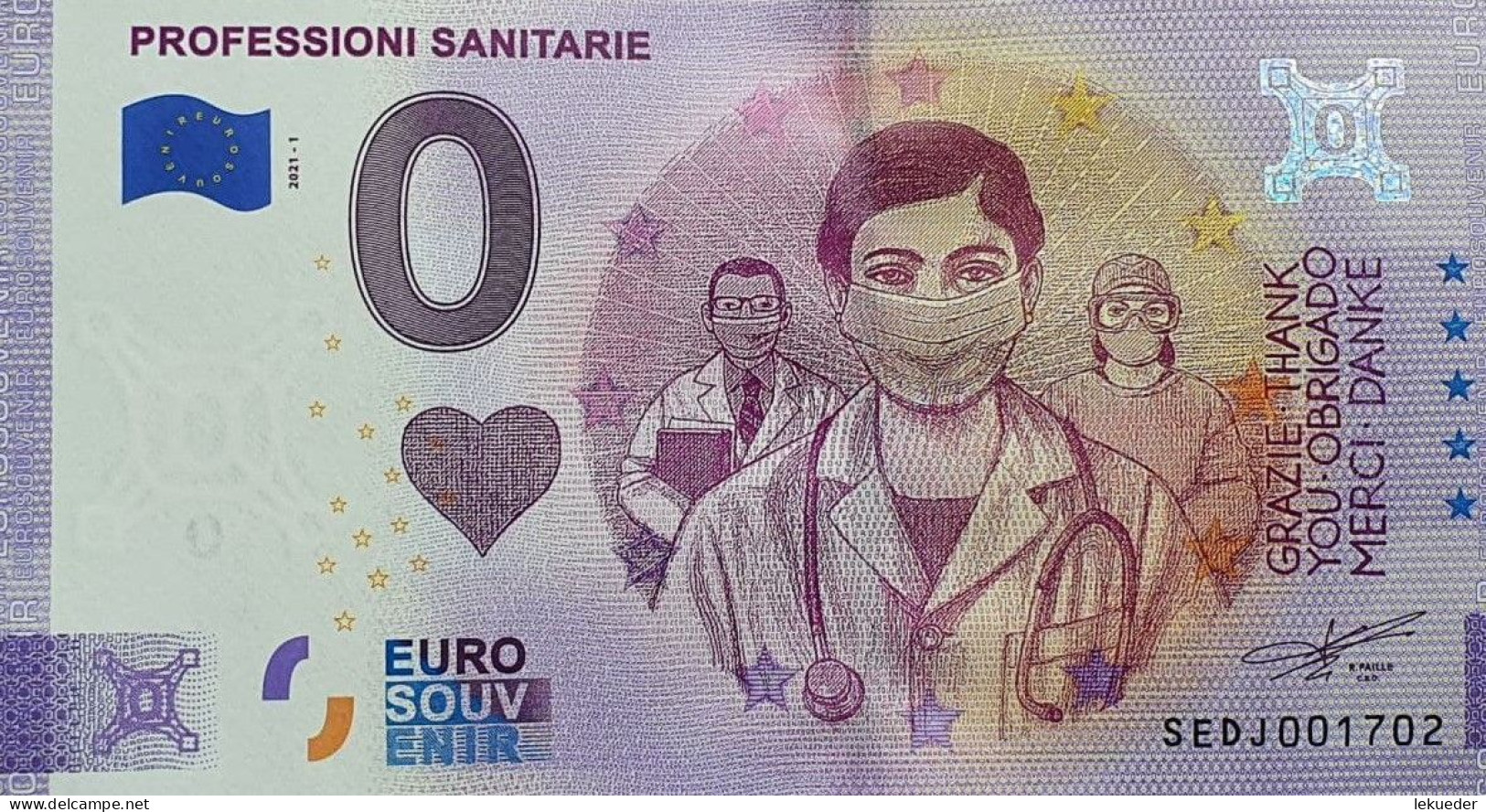BILLETE 0 Euro Souvenir 0 € ITALIA: SEDJ 2021-1 PROFESSIONI SANITARIE - Autres & Non Classés