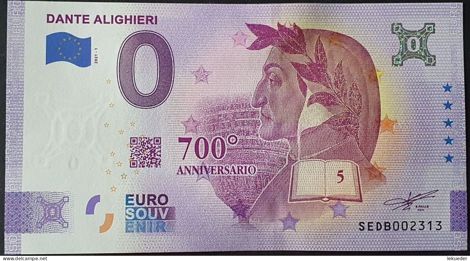 BILLETE 0 Euro Souvenir 0 € ITALIA: SEDB 2021-1 DANTE ALIGHIERI - Altri & Non Classificati