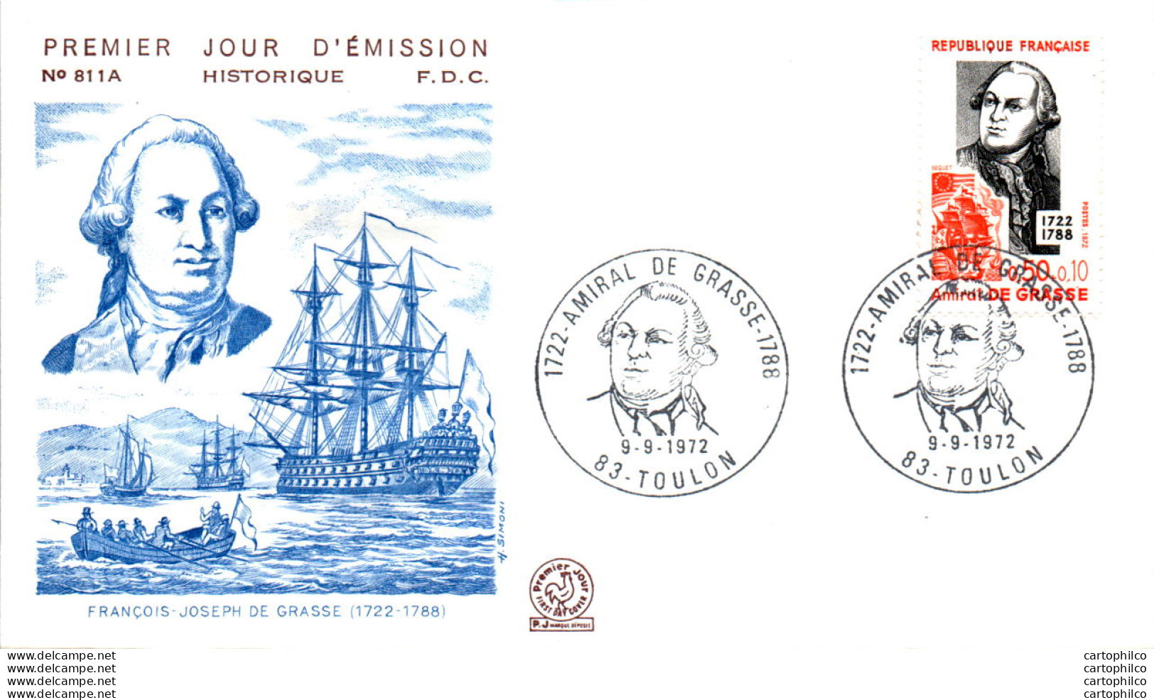 FDC France  Francois Joseph De Grasse Toulon 1972 Bateau Marine - 1970-1979