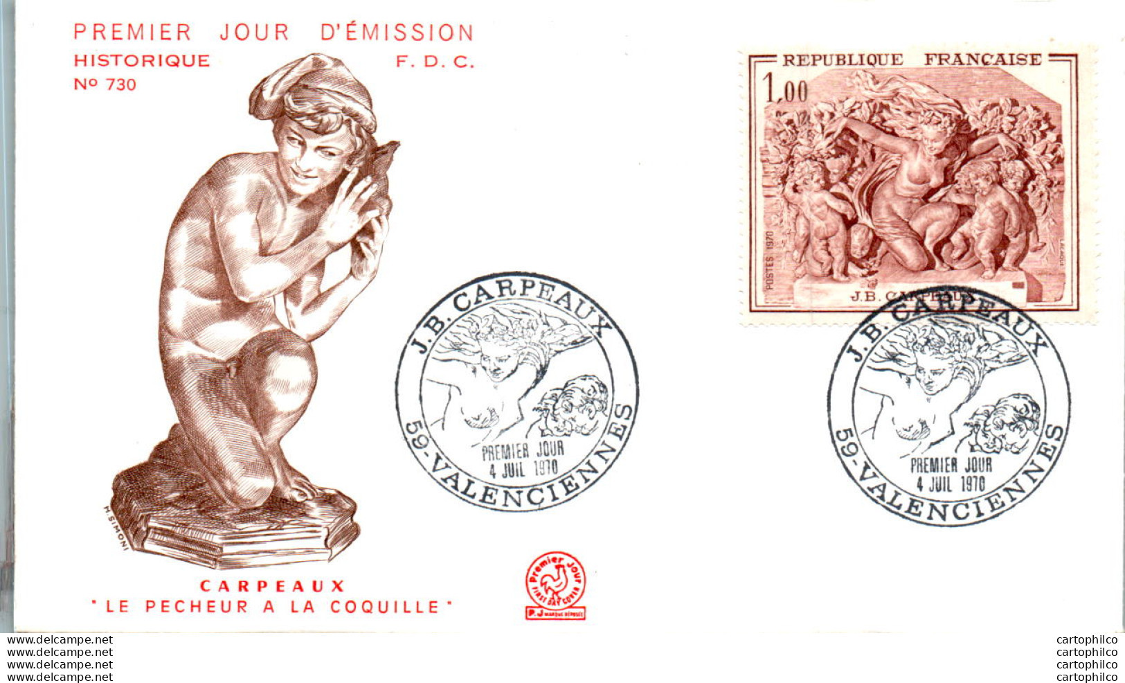 FDC France Carpeaux Le Pecheur A La Coquille Valenciennes 1970 - 1970-1979