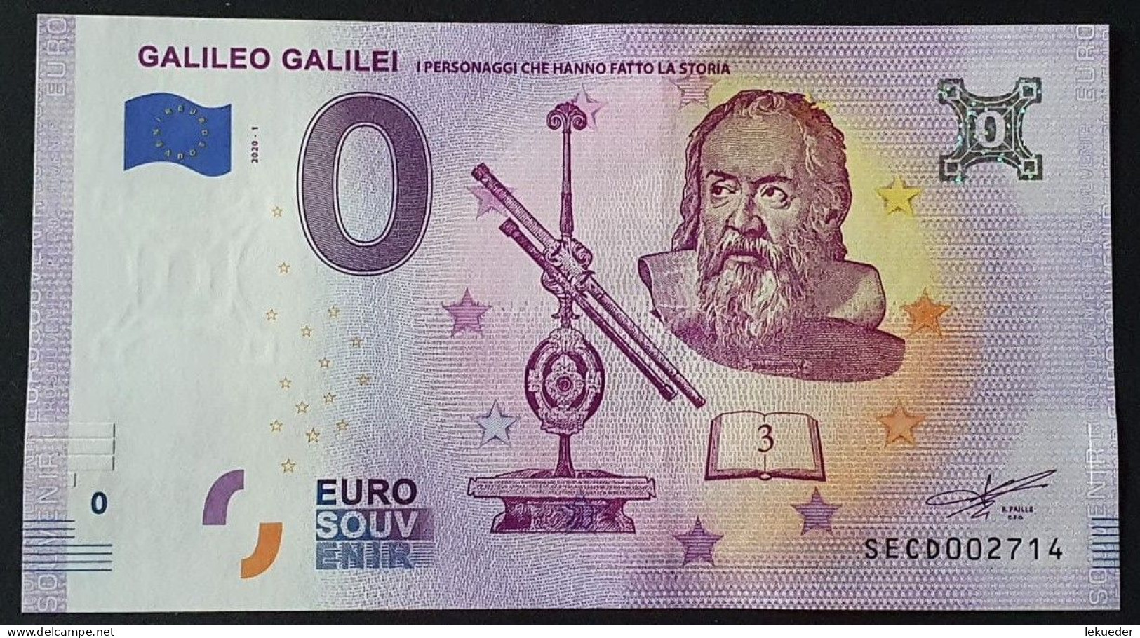 BILLETE 0 Euro Souvenir 0 € ITALIA: SECD 2020-1 GALILEO GALILEI - Altri & Non Classificati