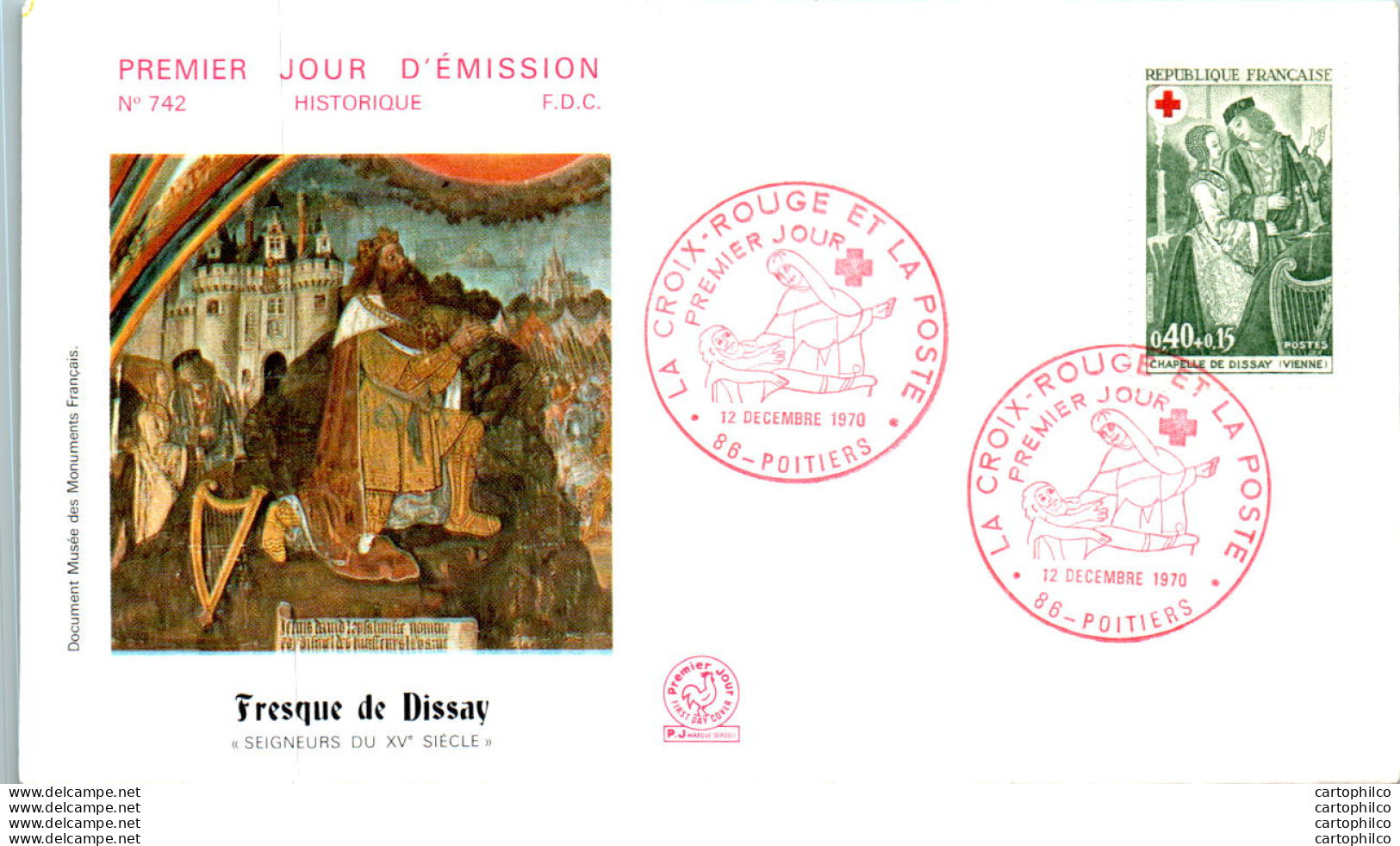 FDC France Croix Rouge Fresque De Dissay Ange Au Fouet Poitiers 1970 - 1970-1979