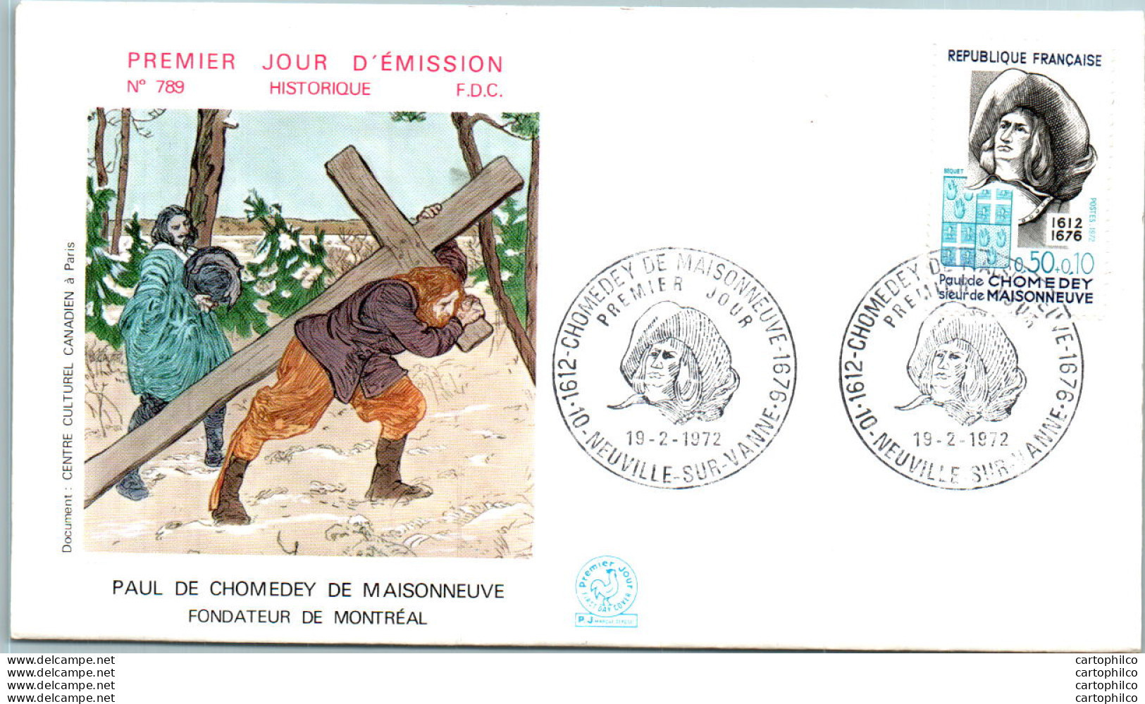 FDC France Paul De Chomedey De Maisonneuve Neuville Sur Vanne 1972 - 1970-1979