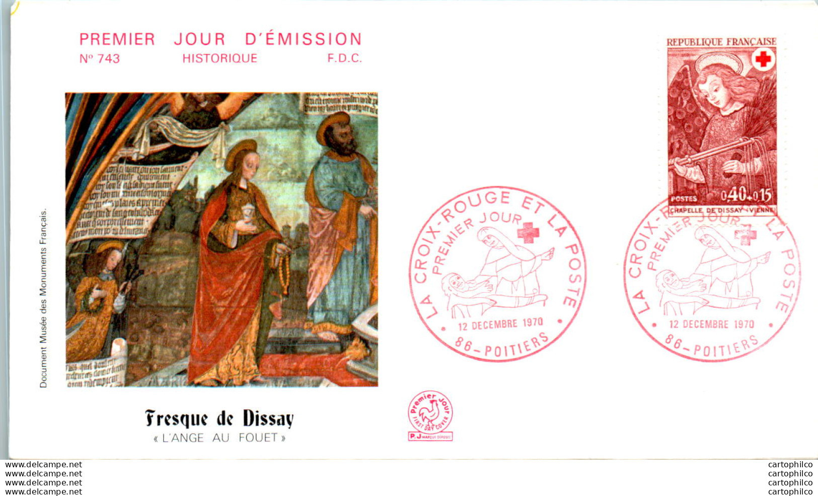 FDC France Croix Rouge Fresque De Dissay Ange Au Fouet Poitiers 1970 - 1970-1979