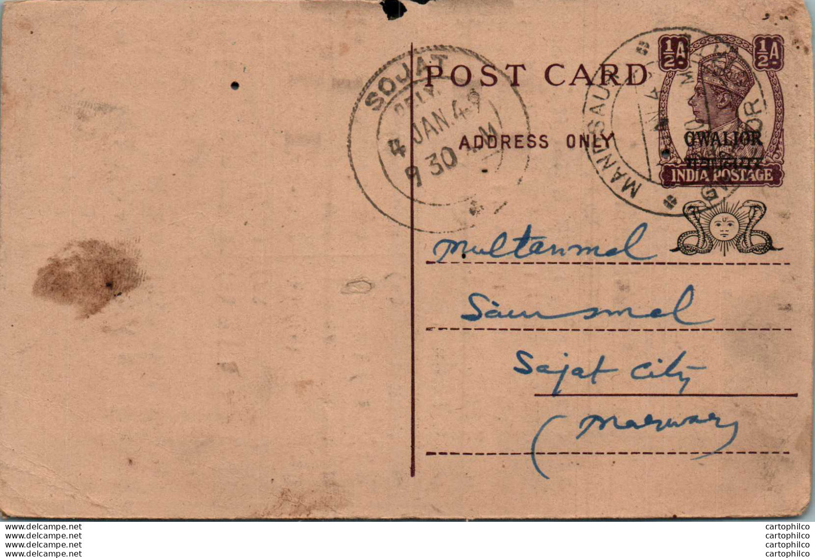 India Gwalior Postal Stationery George VI 1/2A Sojat Cds Mandsaur Cds Premsukh Shyamsukh - Gwalior