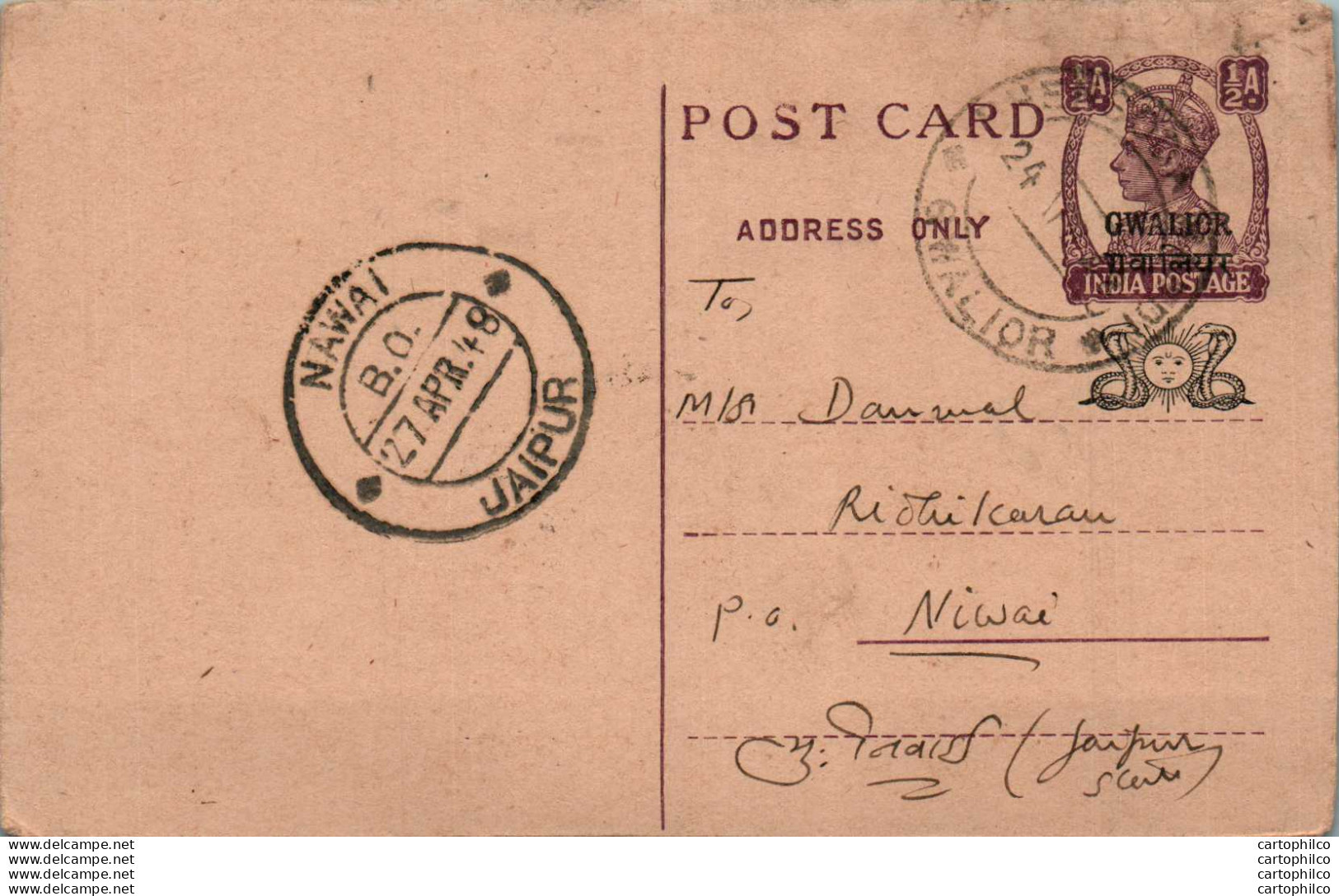India Gwalior Postal Stationery George VI 1/2A Nawai Cds Hindaun Bhawanimandi - Gwalior