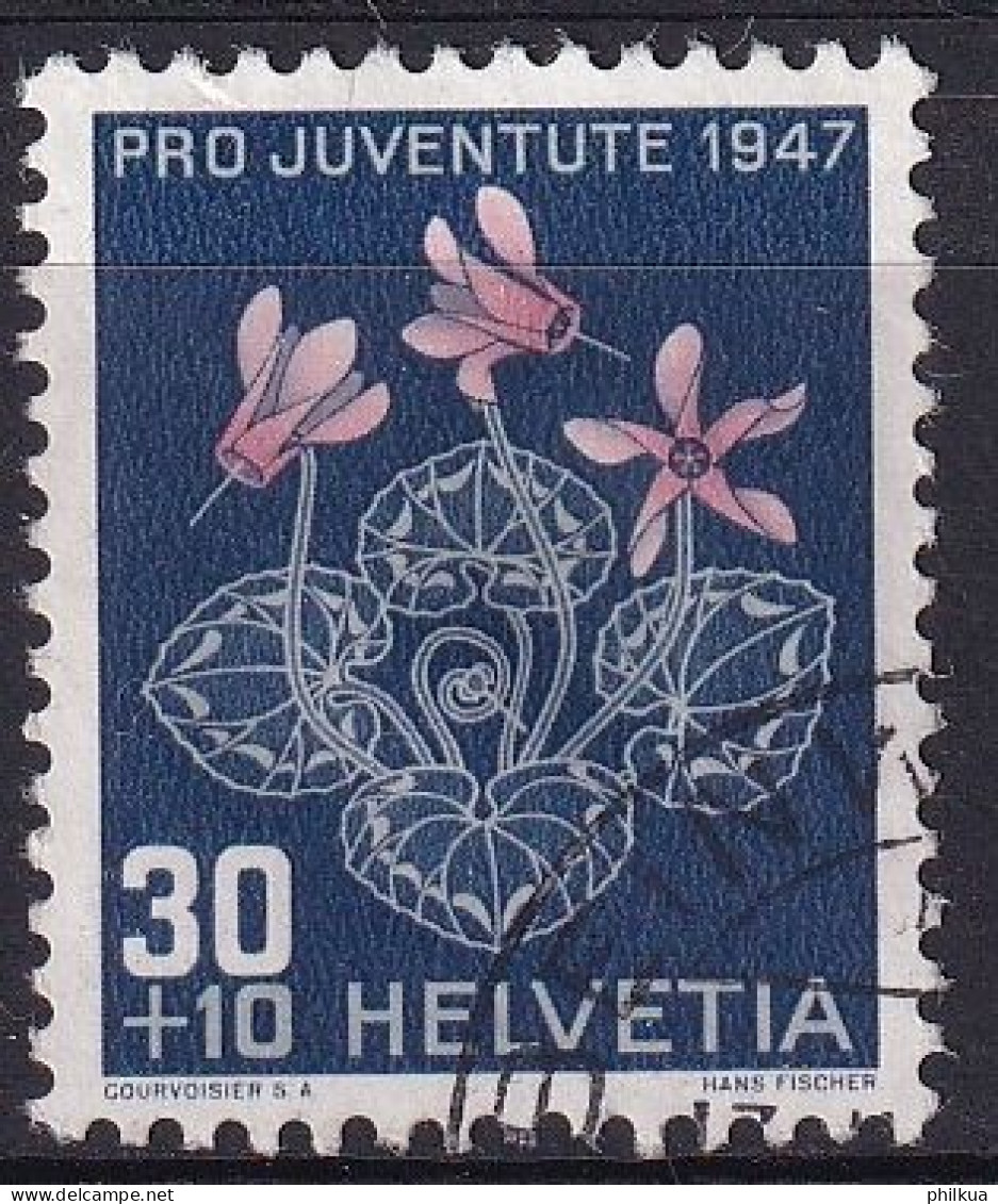 1947, 1. Dez. Pro Juventute Alpenblumen Alpenveilchen (Cyclamen Purpurrascens) 124 / MiNr. 491 Mit Sauber Gestempelt - Usados