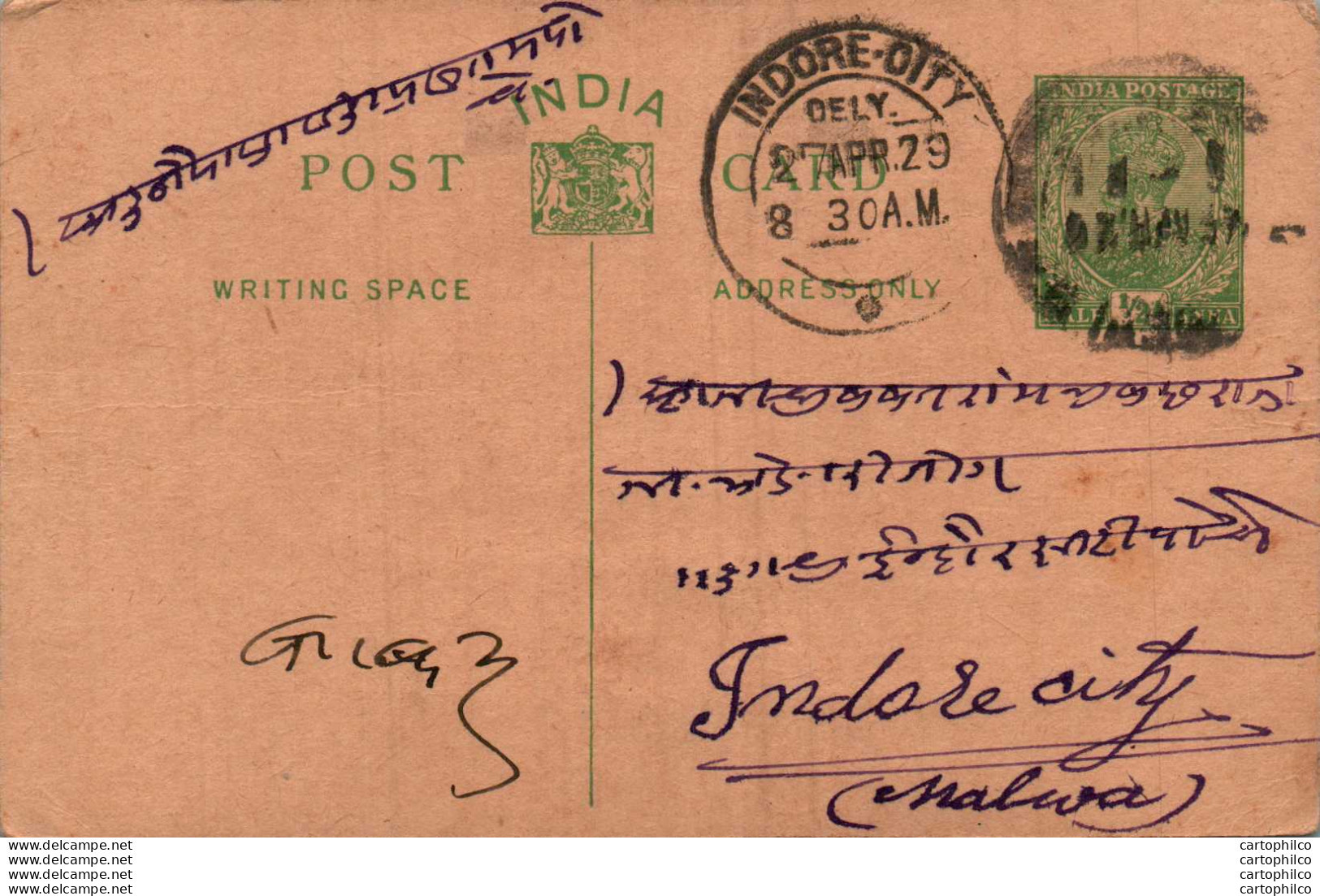 India Postal Stationery George V 1/2A Indore Cds - Ansichtskarten