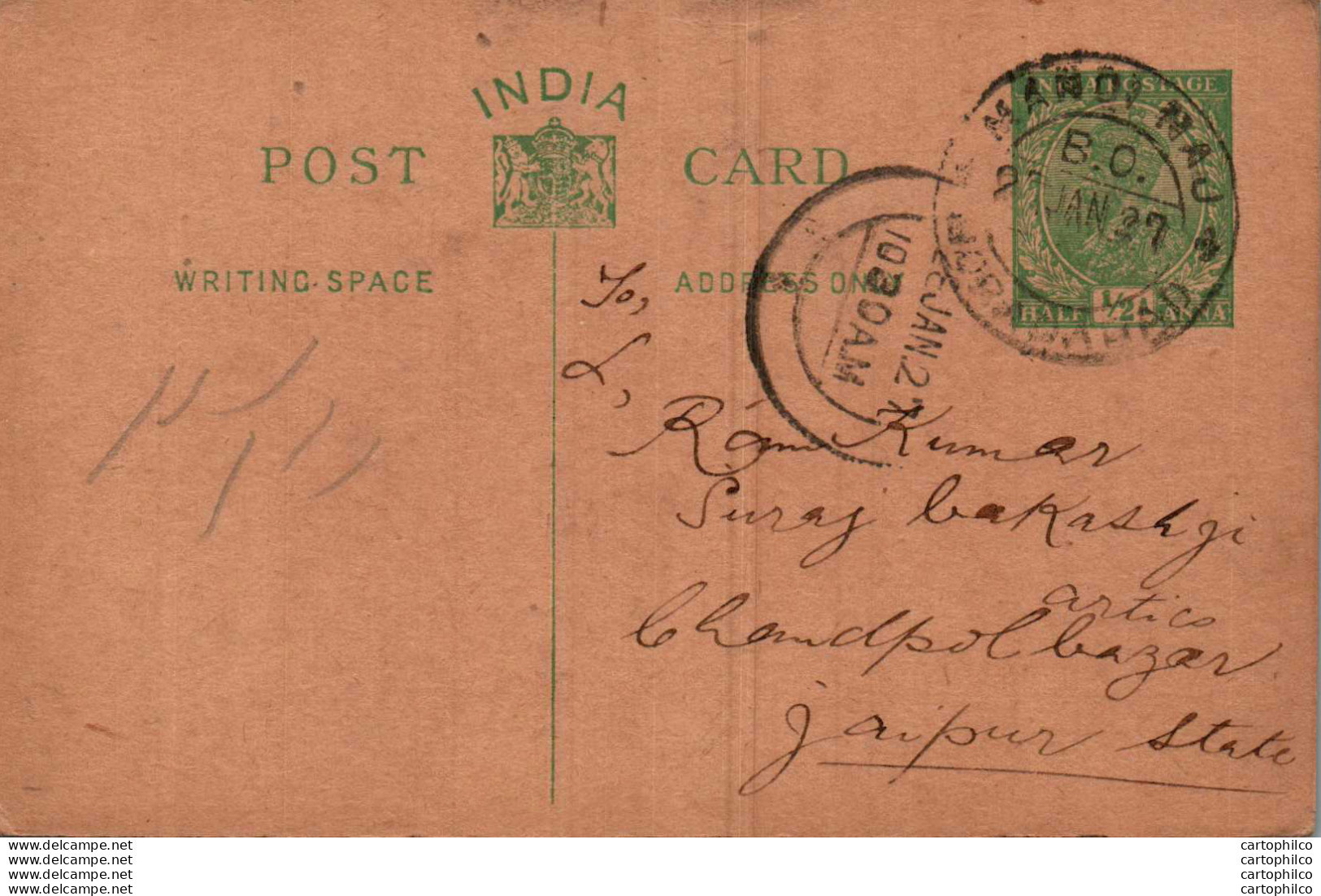 India Postal Stationery George V 1/2A To Jaipur - Ansichtskarten