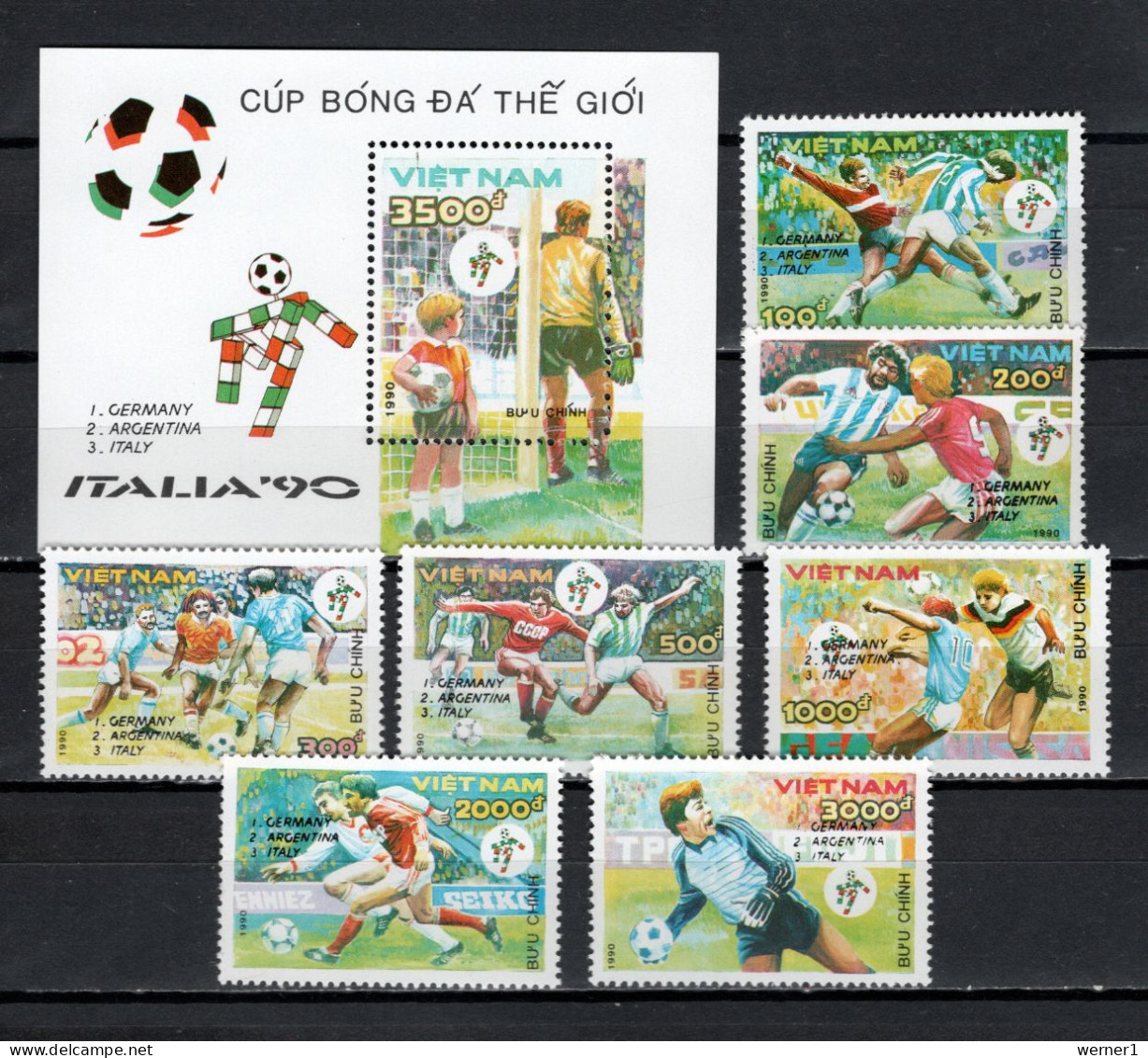 Vietnam 1990 Football Soccer World Cup Set Of 7 + S/s With Winners Overprint MNH - 1990 – Italie
