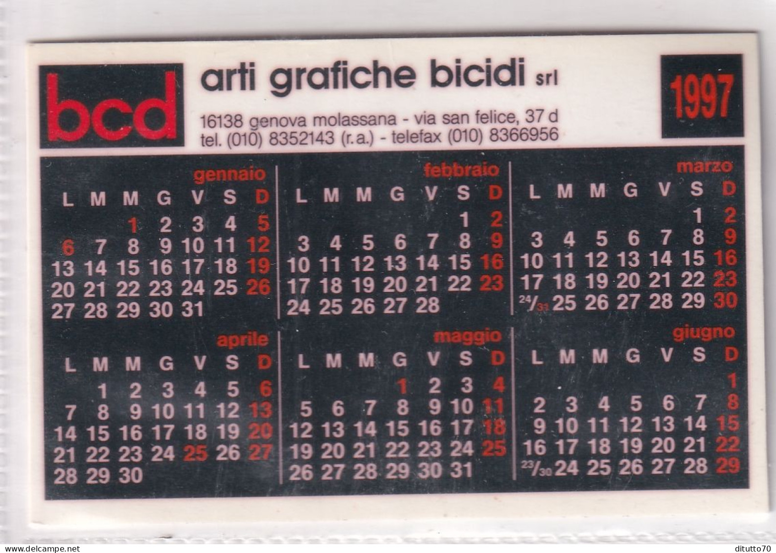 Calendarietto - Arti Grafiche Bicidi - Genoova Molassana - Anno 1997 - Kleinformat : 1991-00