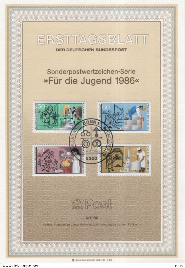 Germany 1986-6 Fur Die Jugend, Handwerksberufe, Augenoptiker Maurer Friseur Backer Hairdresser Backer Optometrist, Bonn - 1981-1990