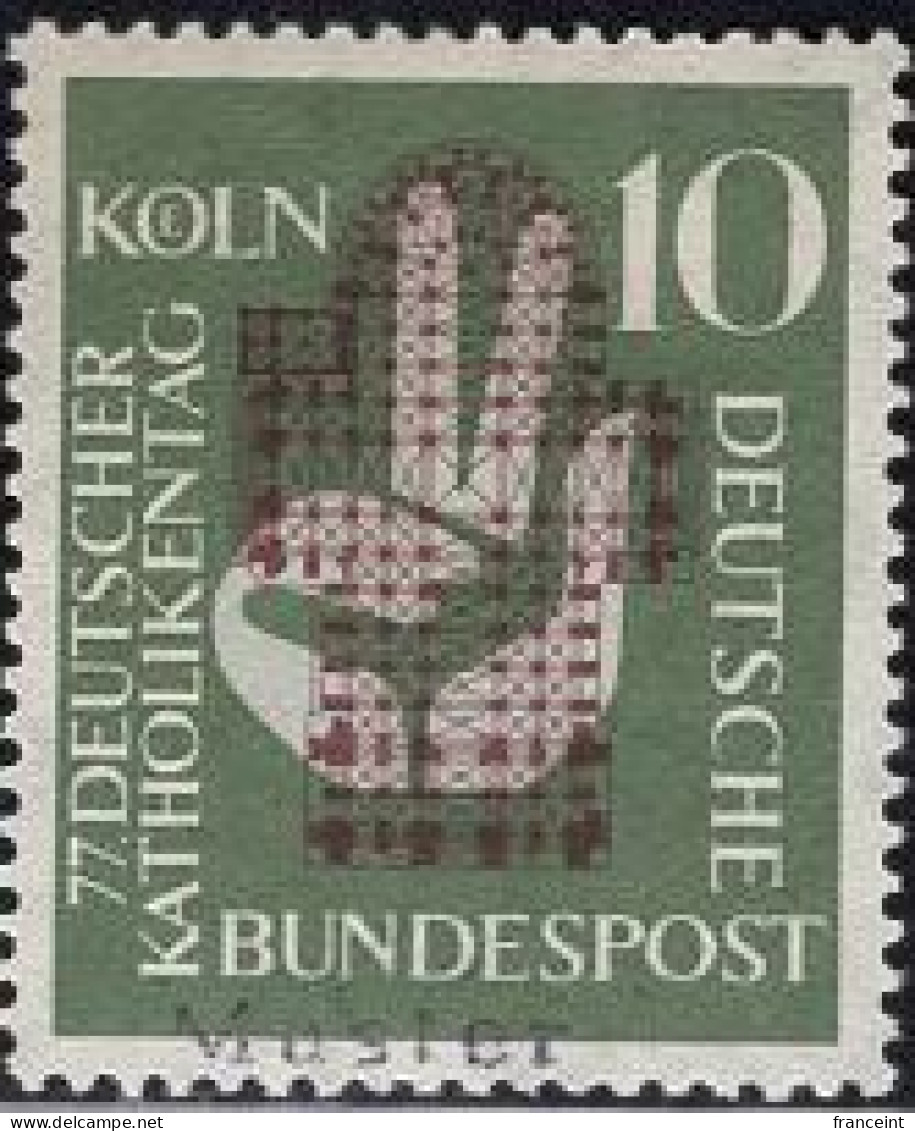 GERMANY(1956) Hand Holding Up 2 Fingers. MUSTER (specimen) Overprint. Cologne Catholics Meeting. Scott No 750. - Autres & Non Classés