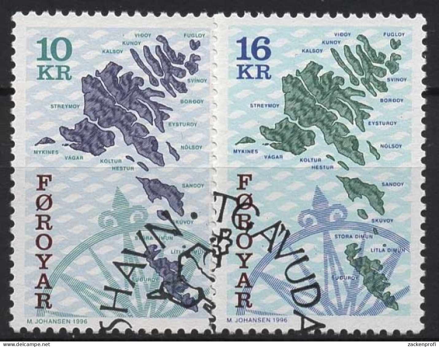 Färöer 1996 Landkarte, Geogr. Karte Der Färöer, Kompaßrose 303/04 Gestempelt - Féroé (Iles)