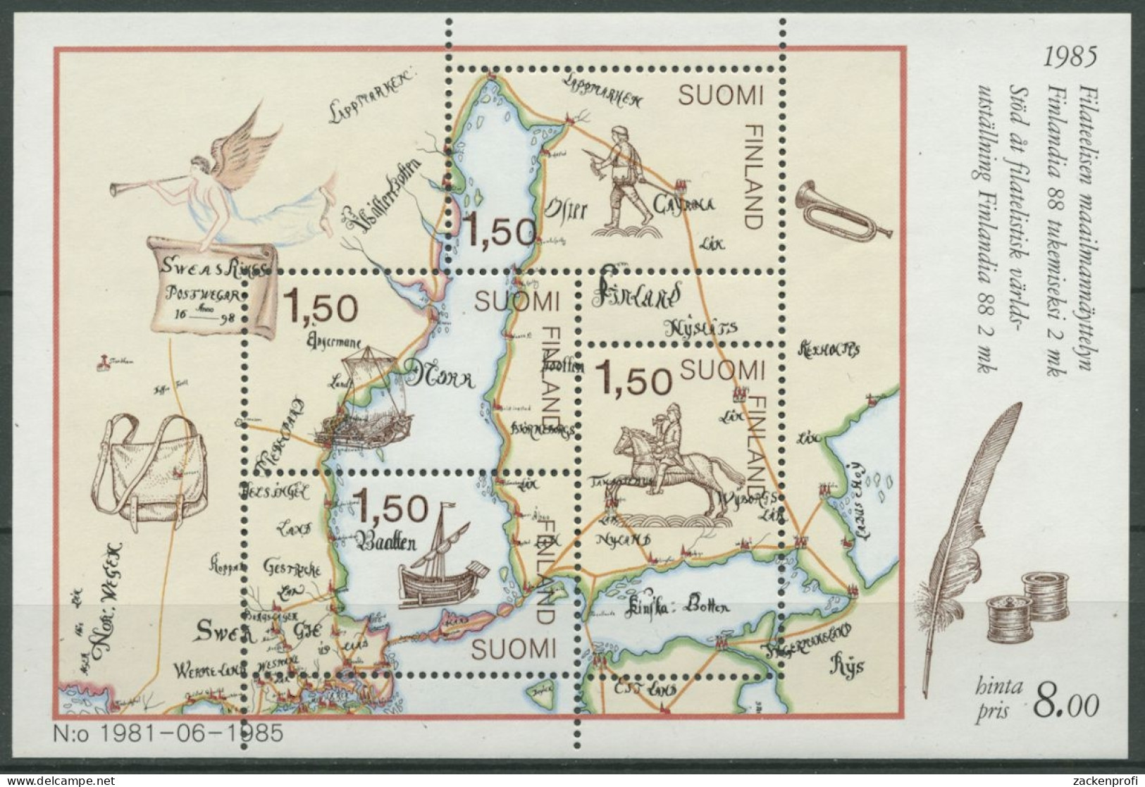 Finnland 1985 FINLANDIA Post Im 17. Jh. Landkarte Block 1 Postfrisch (C25895) - Blocks & Sheetlets
