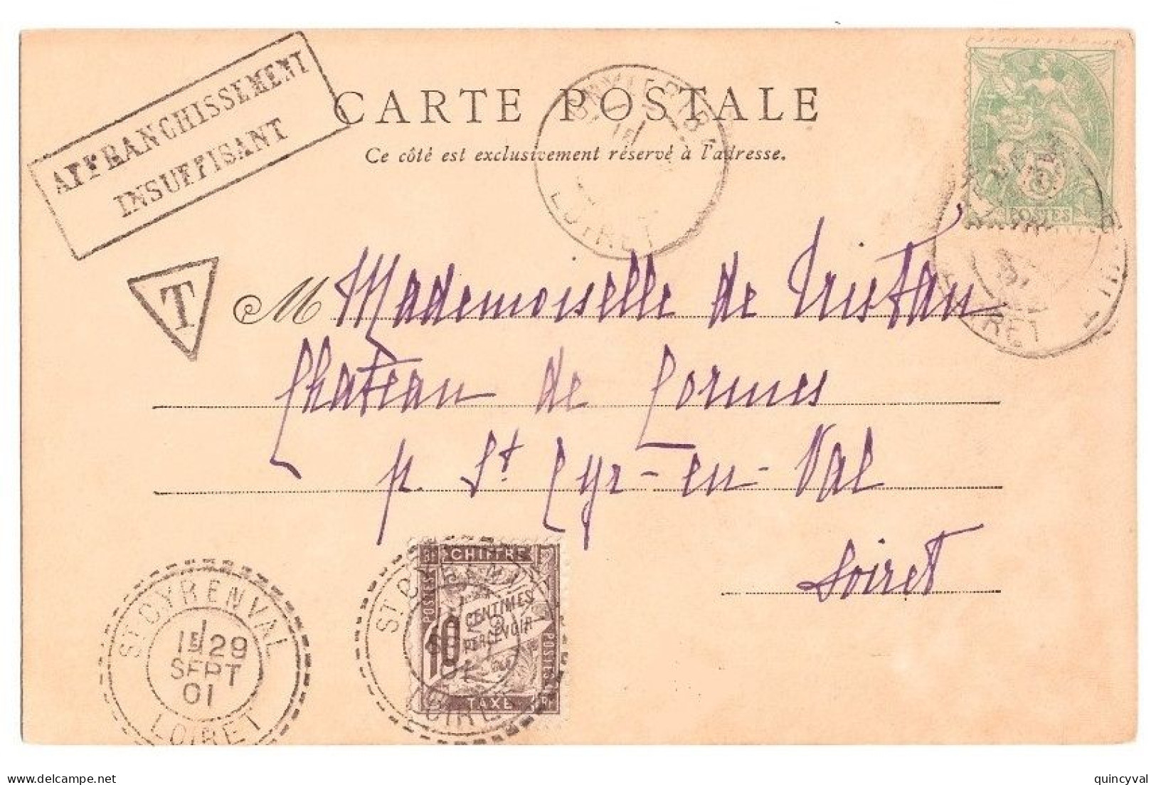 Carte Postale 5c Blanc 111 TAXE St CYR En VAL Loiret Ob FB84 10c Banderole Yv T29 Griffe AFFRANCHISSEMENT INSUFFISANT - 1859-1959 Covers & Documents
