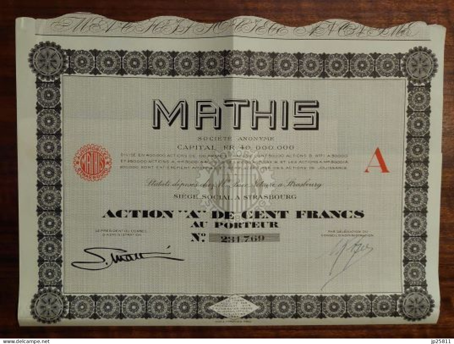 France - Mathis Automobiles Action 100 Francs 1929 Strasbourg - Andere & Zonder Classificatie