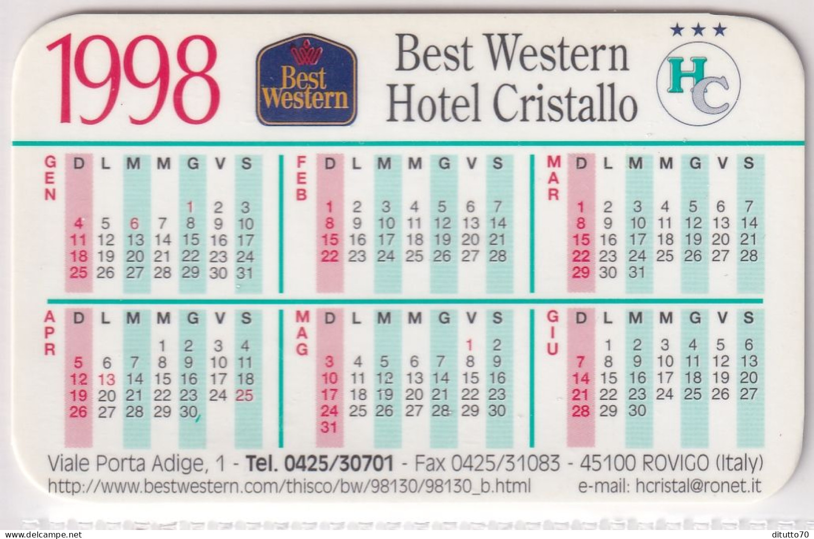 Calendarietto - Best Western - Hotel Cristallo - Rovigo - Anno 1998 - Formato Piccolo : 1991-00