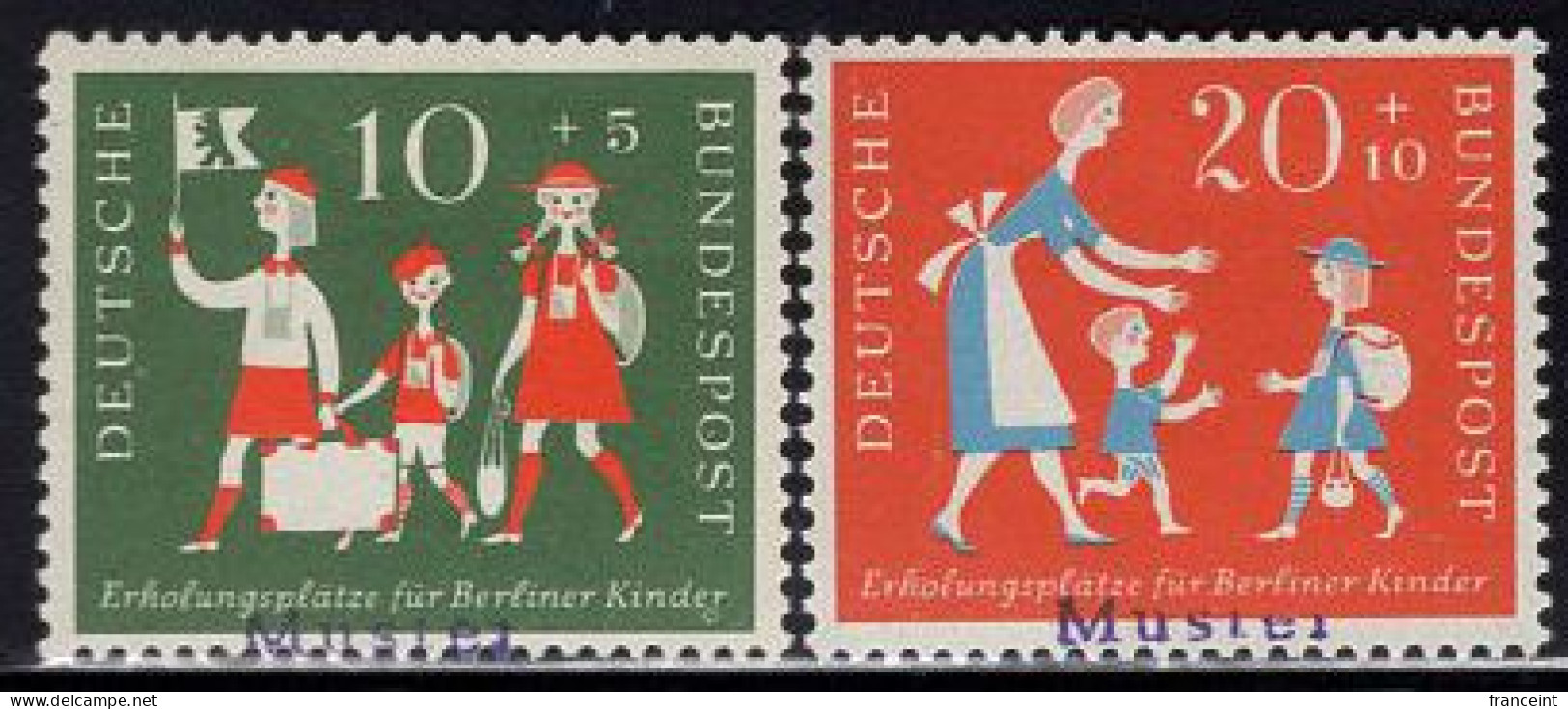 GERMANY(1957) Children Entering, Leaving Berlin. Set Of 2 With MUSTER (specimen) Overprint. Vacations For Berlin Childre - Autres & Non Classés