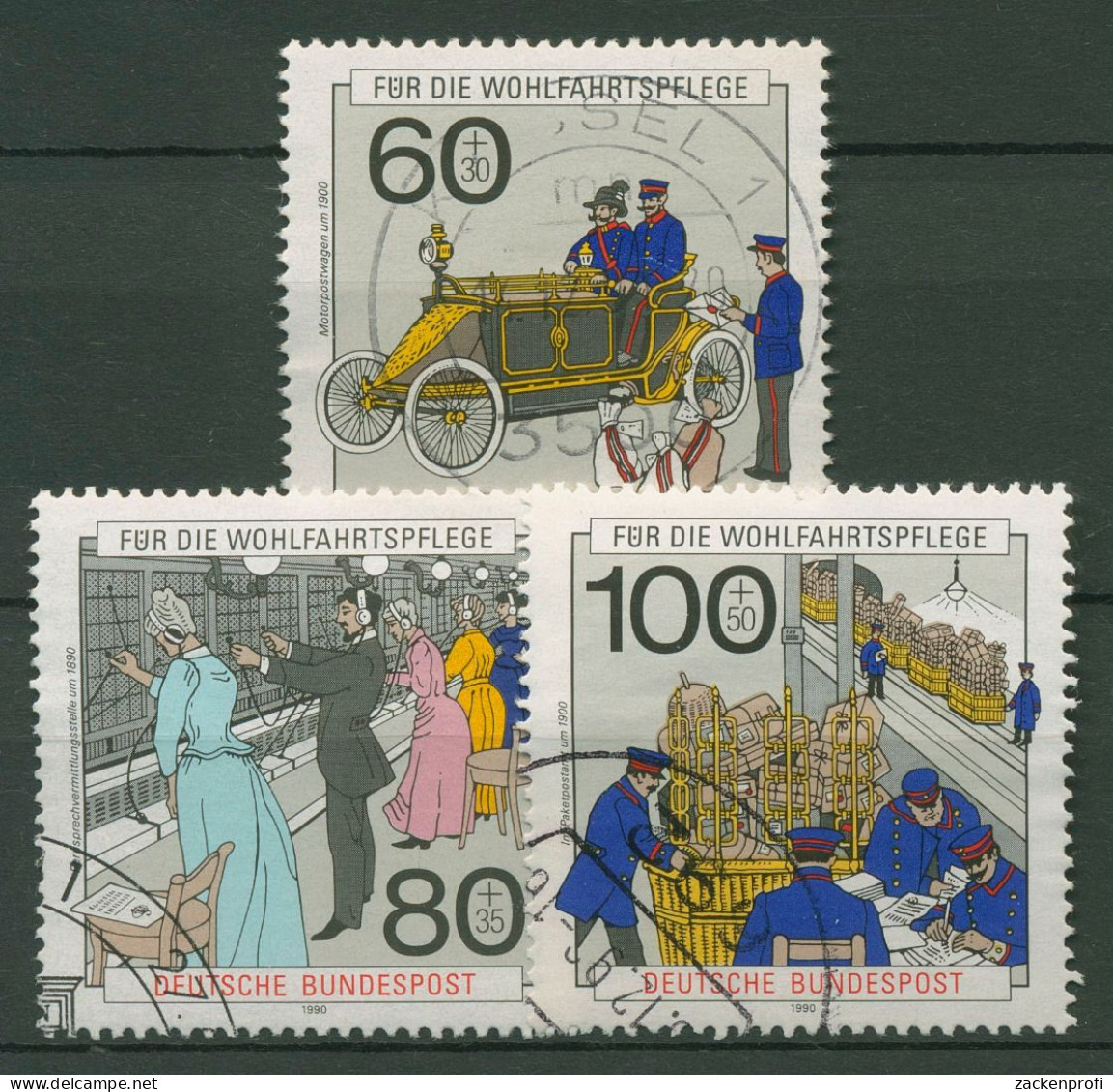 Bund 1990 Geschichte Der Post Postwagen Fernsprecher Pakete 1474/76 Gestempelt - Oblitérés