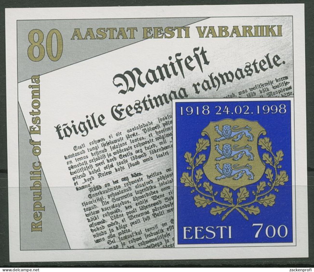 Estland 1998 Wappen 80J. Proklamation Block 11 Postfrisch (C90201) - Estonia