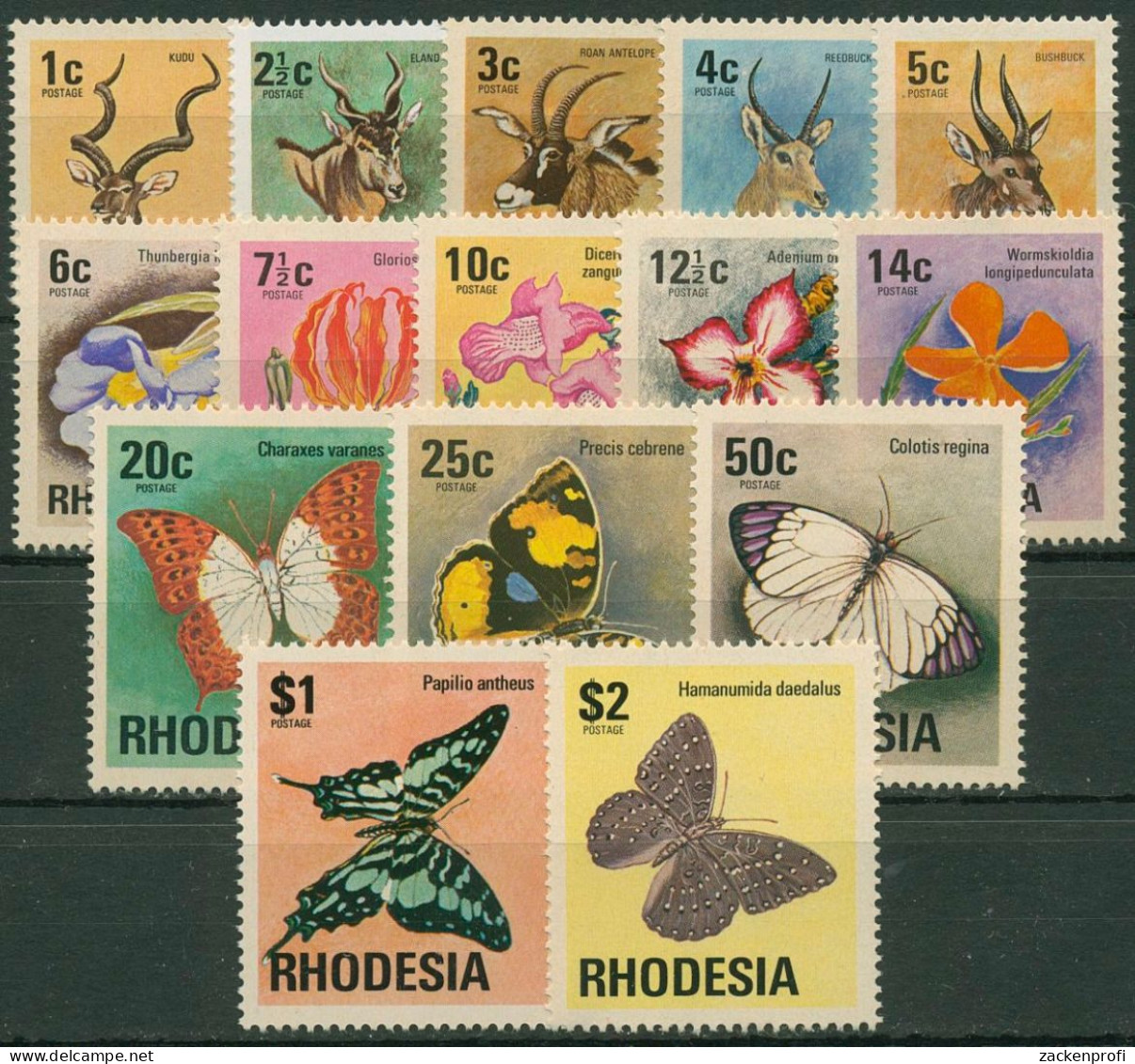Rhodesien 1974 Antilopen Schmetterlinge Blumen 140/54 Postfrisch - Rhodesië (1964-1980)
