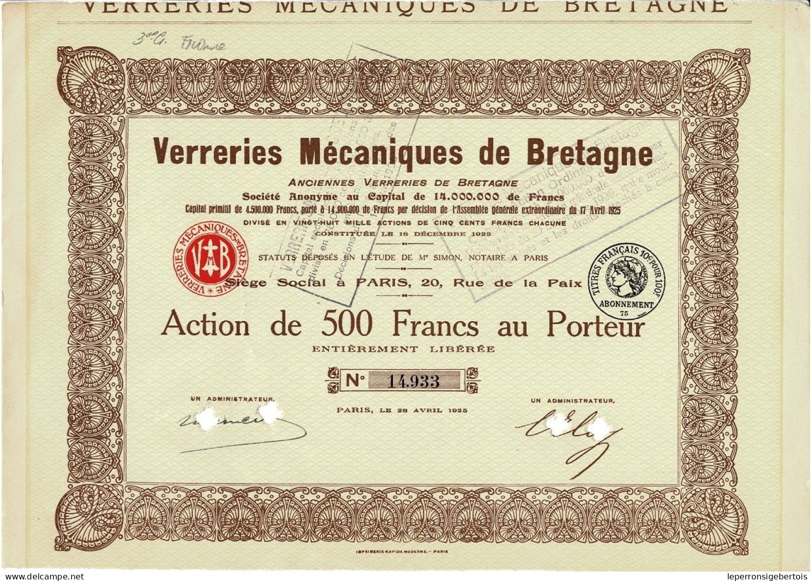 - Titre De 1925 - Verreries Mécaniques De Bretagne - Anciennes Verreries De Bretagne - - Industrie