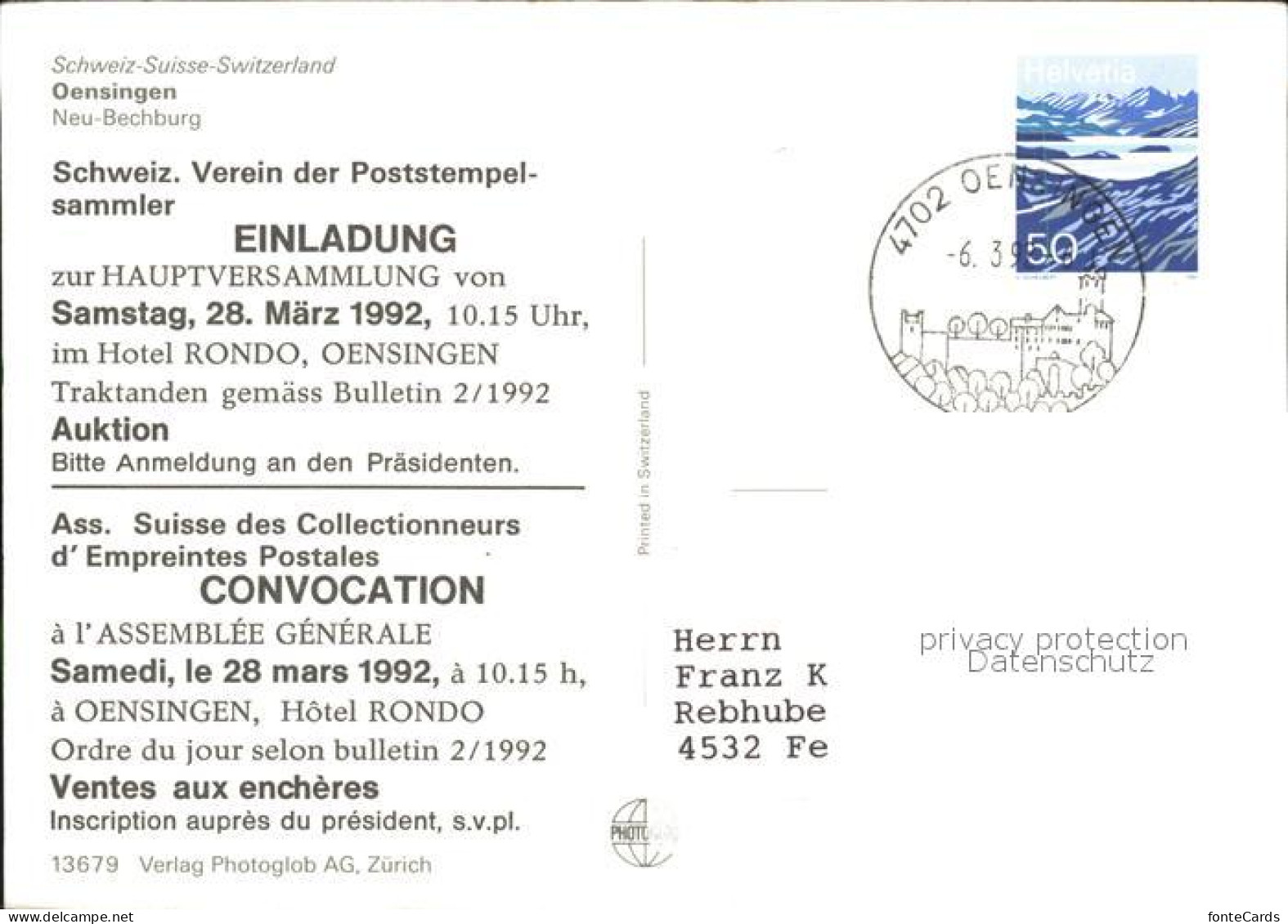 11820562 Oensingen Neu Bechburg Kirche Hotel Rondo Schweizer Verein Der Poststem - Sonstige & Ohne Zuordnung
