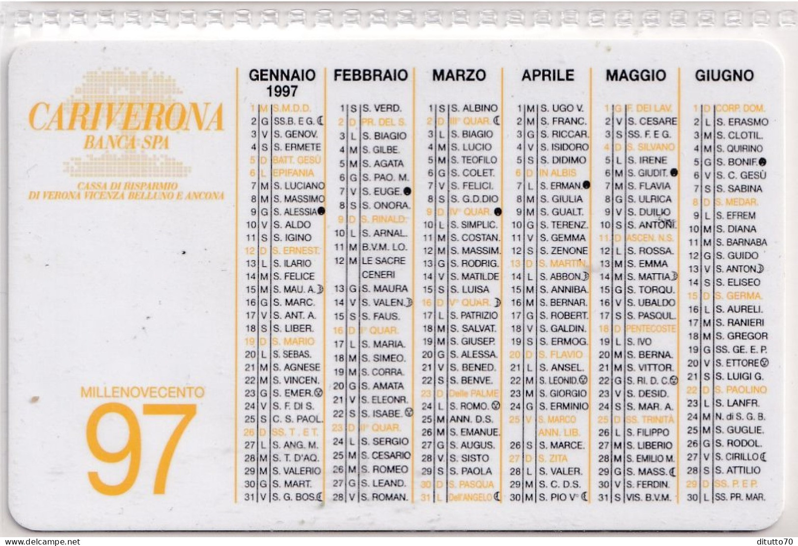 Calendarietto - Cariverona - Cassa Di Risparmio Di Verona Vicenza Belluno Ancona - Anno 1997 - Petit Format : 1991-00