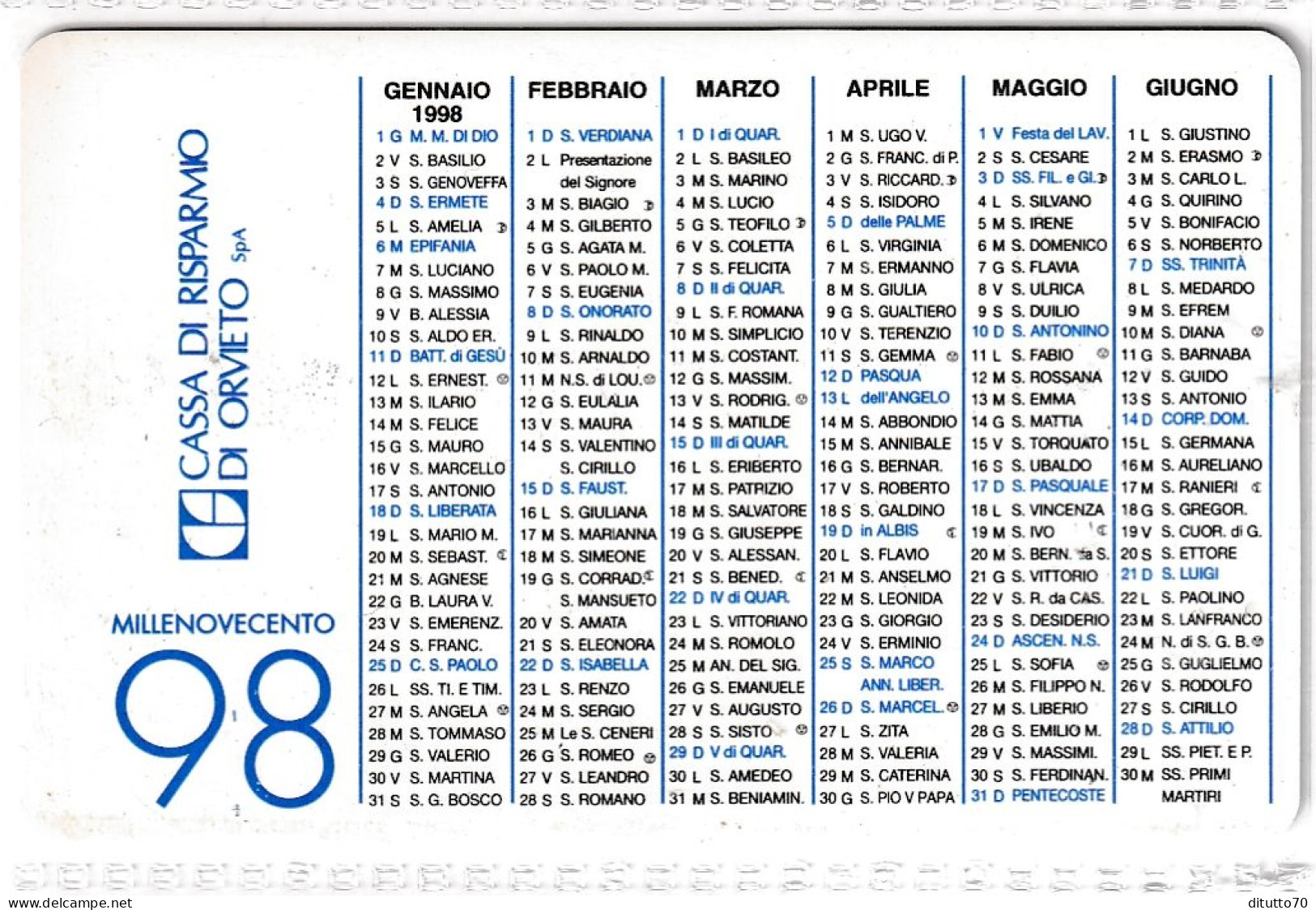 Calendarietto - Cassa Di Risparmio Di Orvieto - Anno 1998 - Small : 1991-00