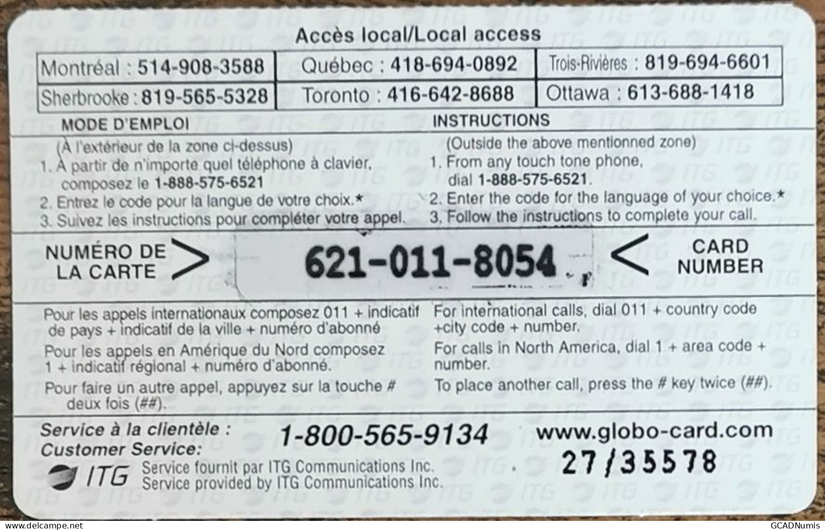 Carte De Recharge - Globo Express ITG $5 Canada - Télécarte ~27 - Canada
