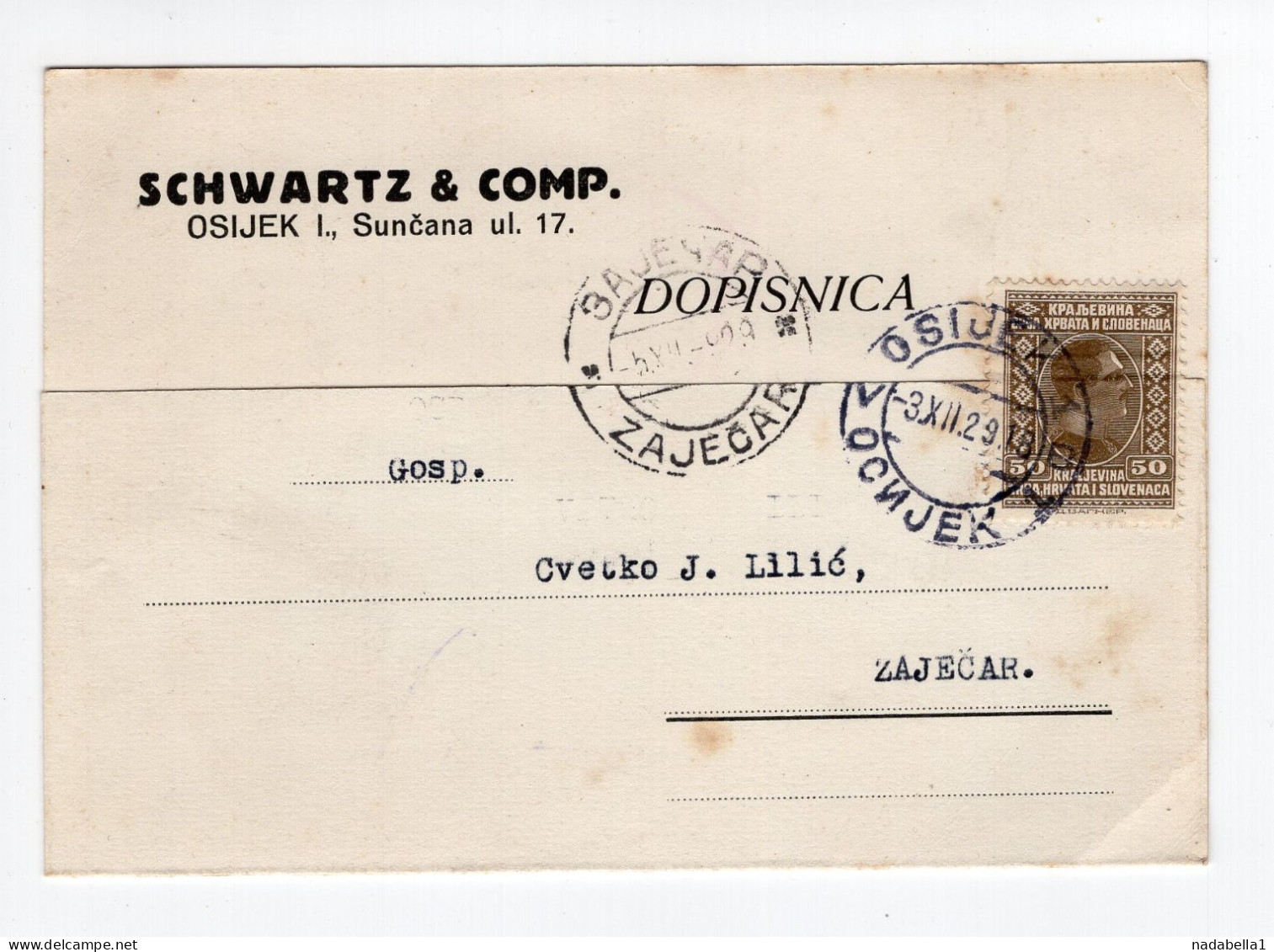 1929. KINGDOM OF SHS,CROATIA,OSIJEK SCHWARTZ & COMP. CORRESPONDENCE CARD,USED TO ZAJECAR - Jugoslawien