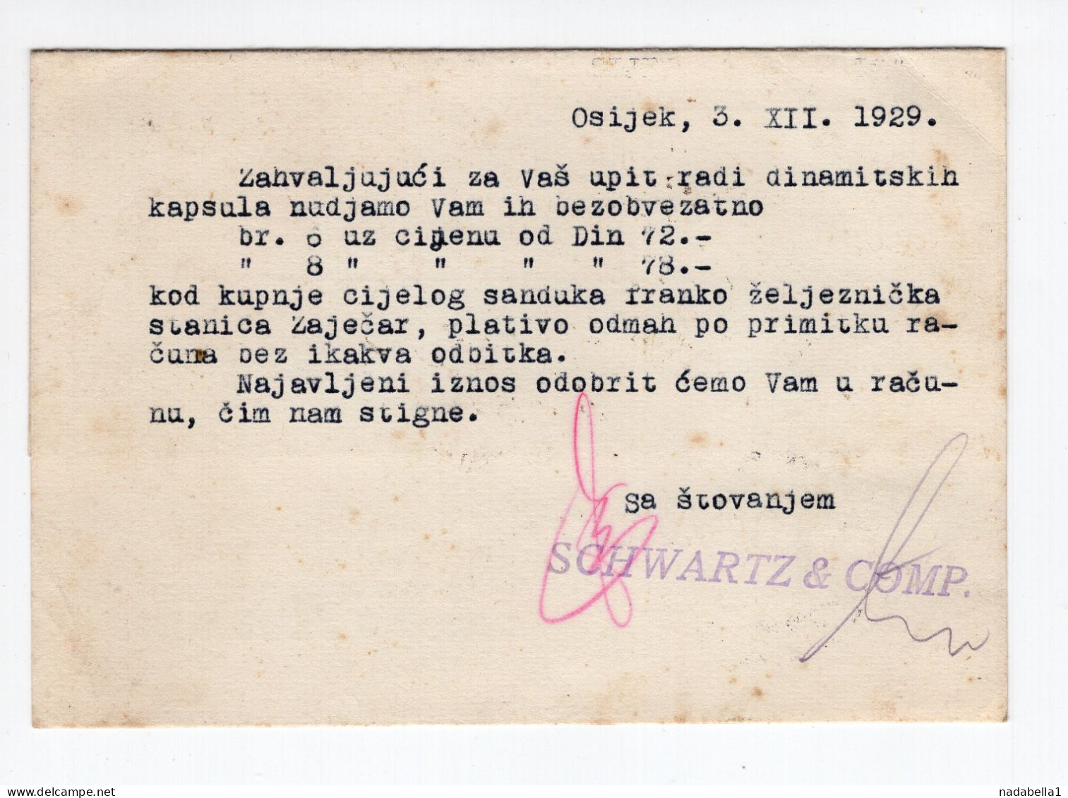 1929. KINGDOM OF SHS,CROATIA,OSIJEK SCHWARTZ & COMP. CORRESPONDENCE CARD,USED TO ZAJECAR - Jugoslawien