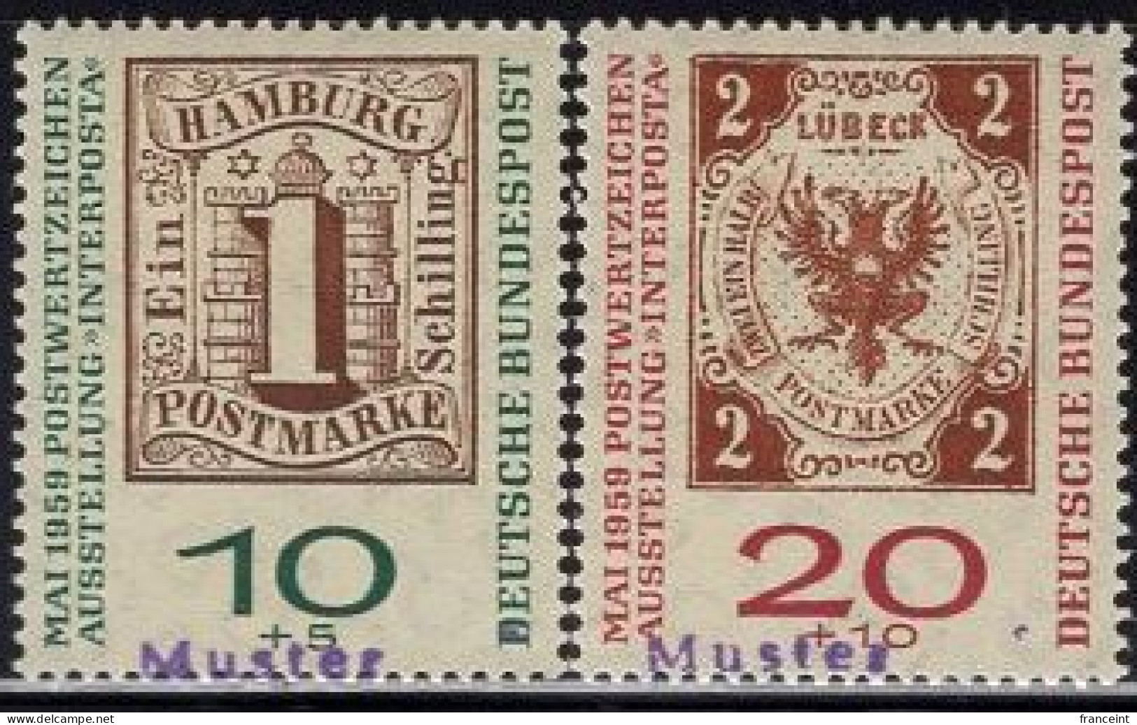 GERMANY(1959) Stamps Of Hamburg And Lubeck. Set Of 2 With MUSTER (specimen) Overprint. Scott No B366-7. - Other & Unclassified