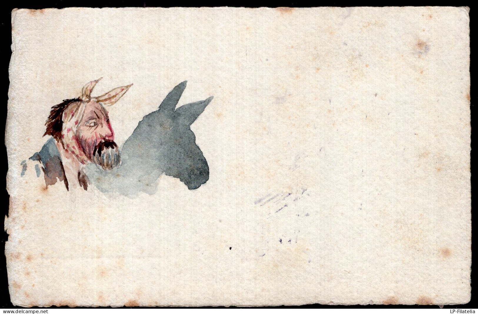 Postcard - Circa 1920 - Drawing - Man And Donkey Shadow - Men