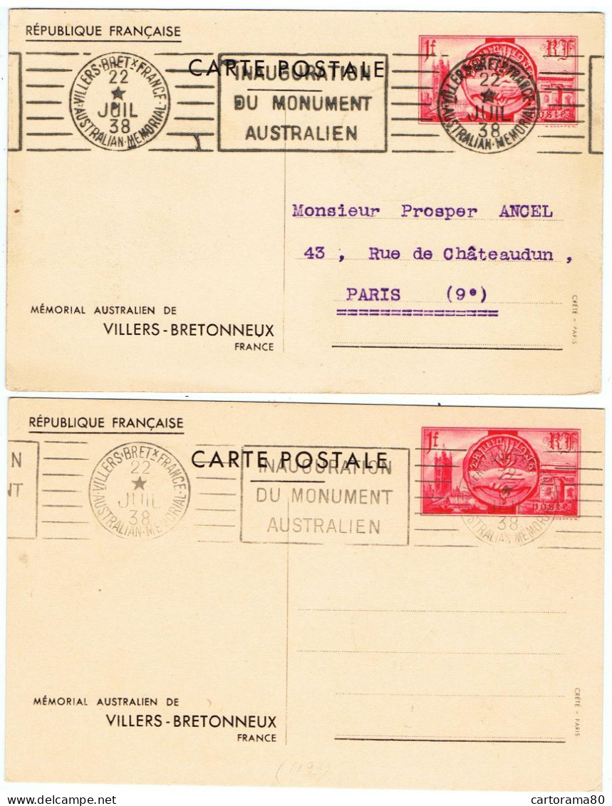 Villers-Bretonneux / Lot 2 Cartes / Inauguration Du Monument Australien / 22 Juillet 1938 - Standaardpostkaarten En TSC (Voor 1995)