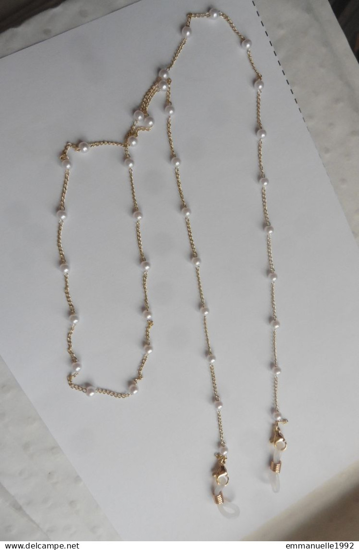 Cordon Chaine à Lunettes Métal Doré Maillons Dorés Et Perles Fines Imitation Blanc Nacré - Necklaces/Chains