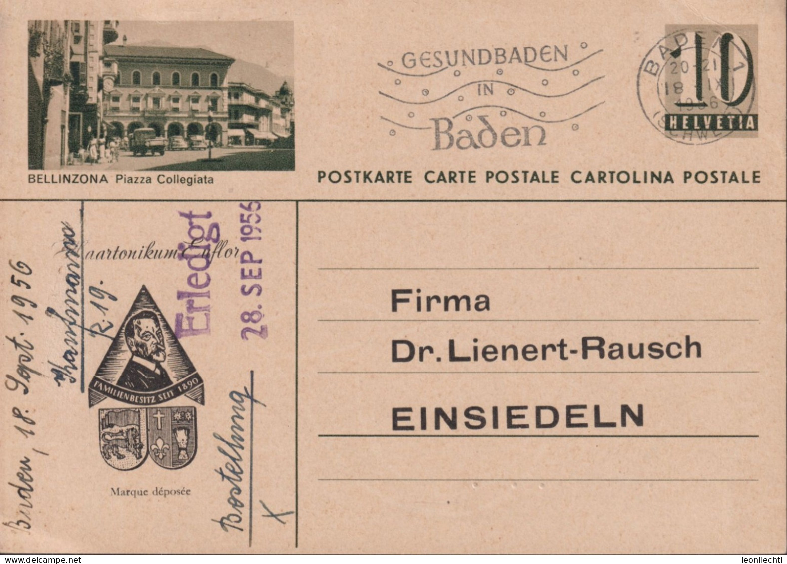 1953/56, Postkarte, Zum:CH 056 D 10 Cts Olivgrün ⵙ BADEN + Flagg: GESUNDBADEN In BADEN, Privataufdruck - Stamped Stationery