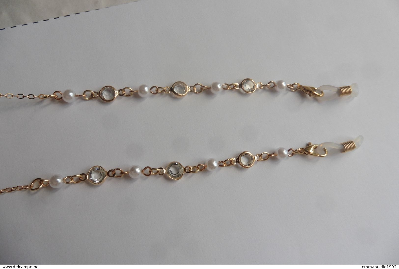 Cordon Chaine à Lunettes Métal Doré Cristaux Blanc Transparent Et Perles Fines Imitation Blanc Nacré - Halsketten