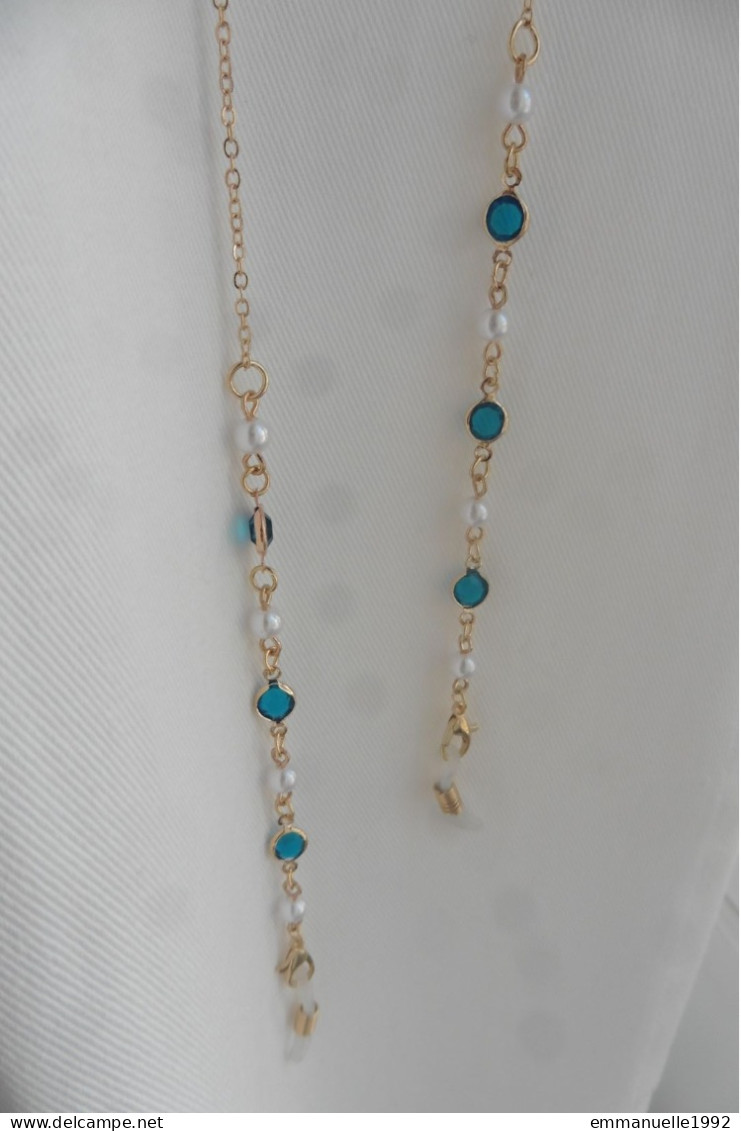 Cordon Chaine à Lunettes Métal Doré Cristaux Bleu Paon Et Perles Fines Imitation Blanc Nacré - Halsketten