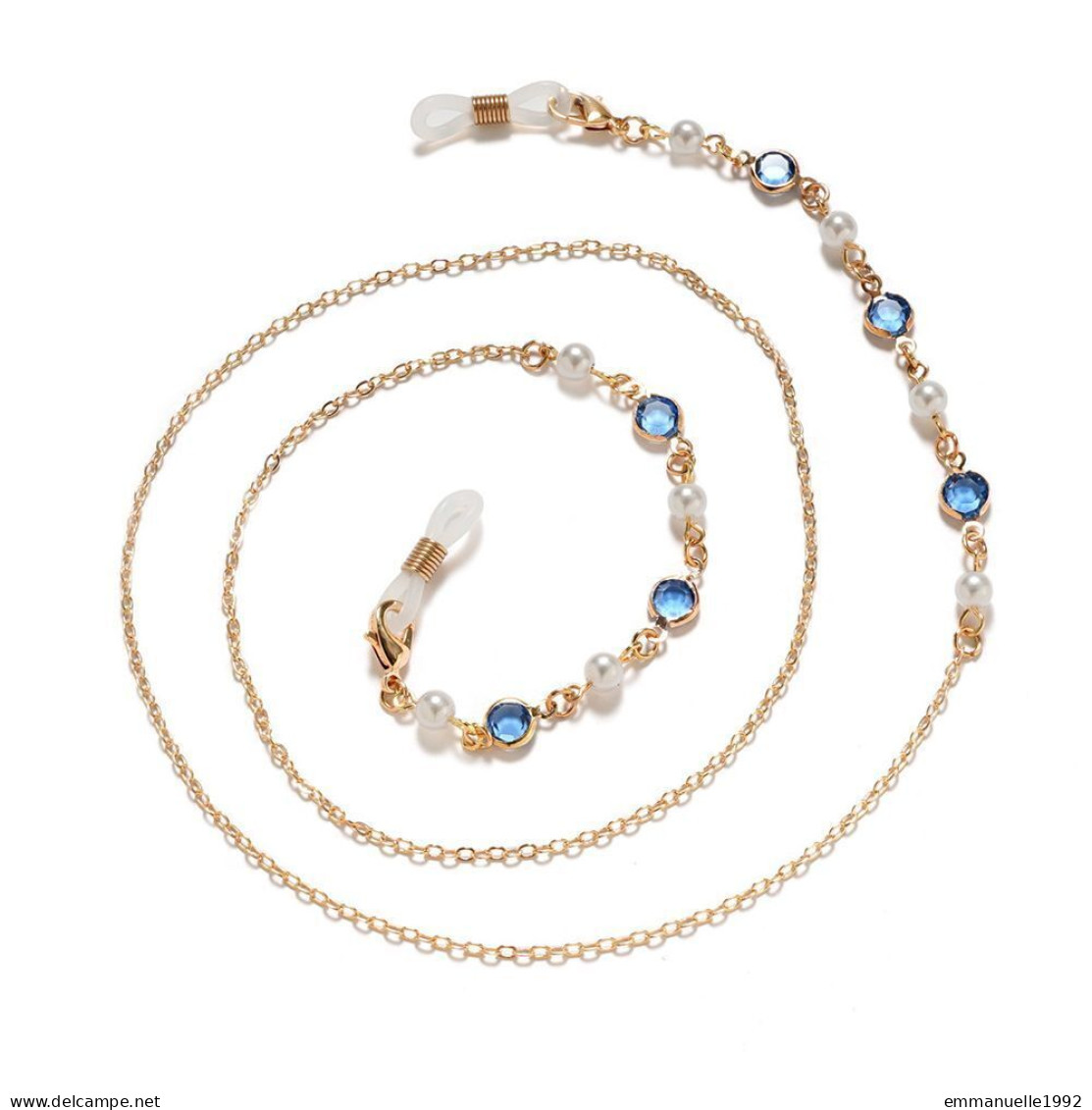 Cordon Chaine à lunettes métal doré cristaux bleu paon et perles fines imitation blanc nacré
