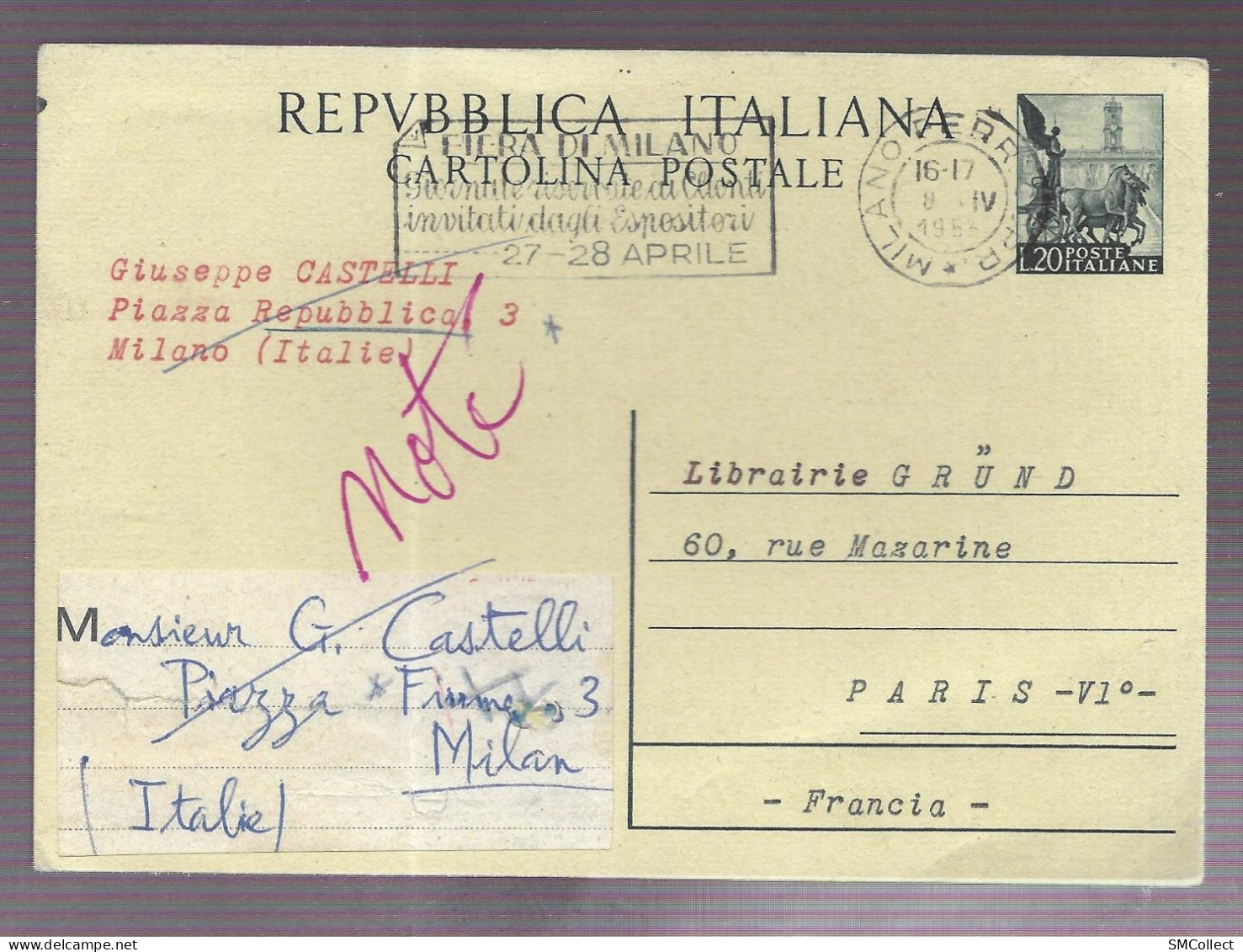 Entier Postal 20 Lire Voyagé En Avril 1953 (GF3945) - Entiers Postaux