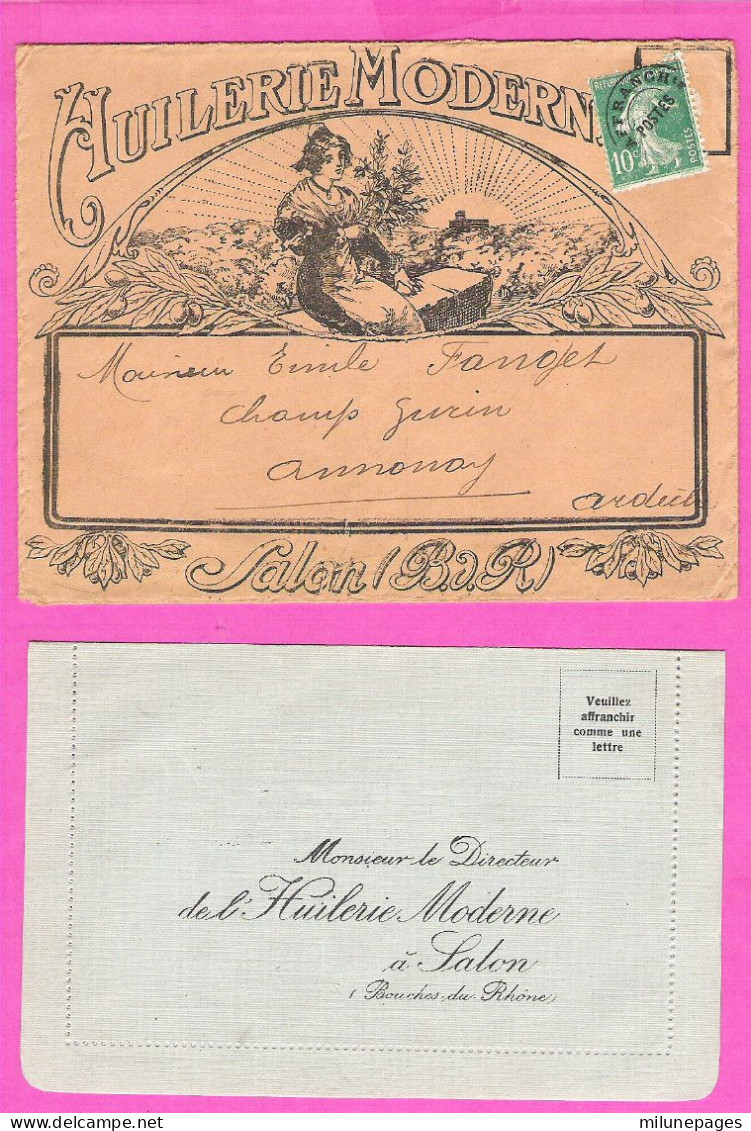 Lot 2 Documents Huilerie Moderne De Salon Bouches Du Rhône Enveloppe Préoblitérée Et Carte Lettre Repiquée Vers 1920 - Levensmiddelen
